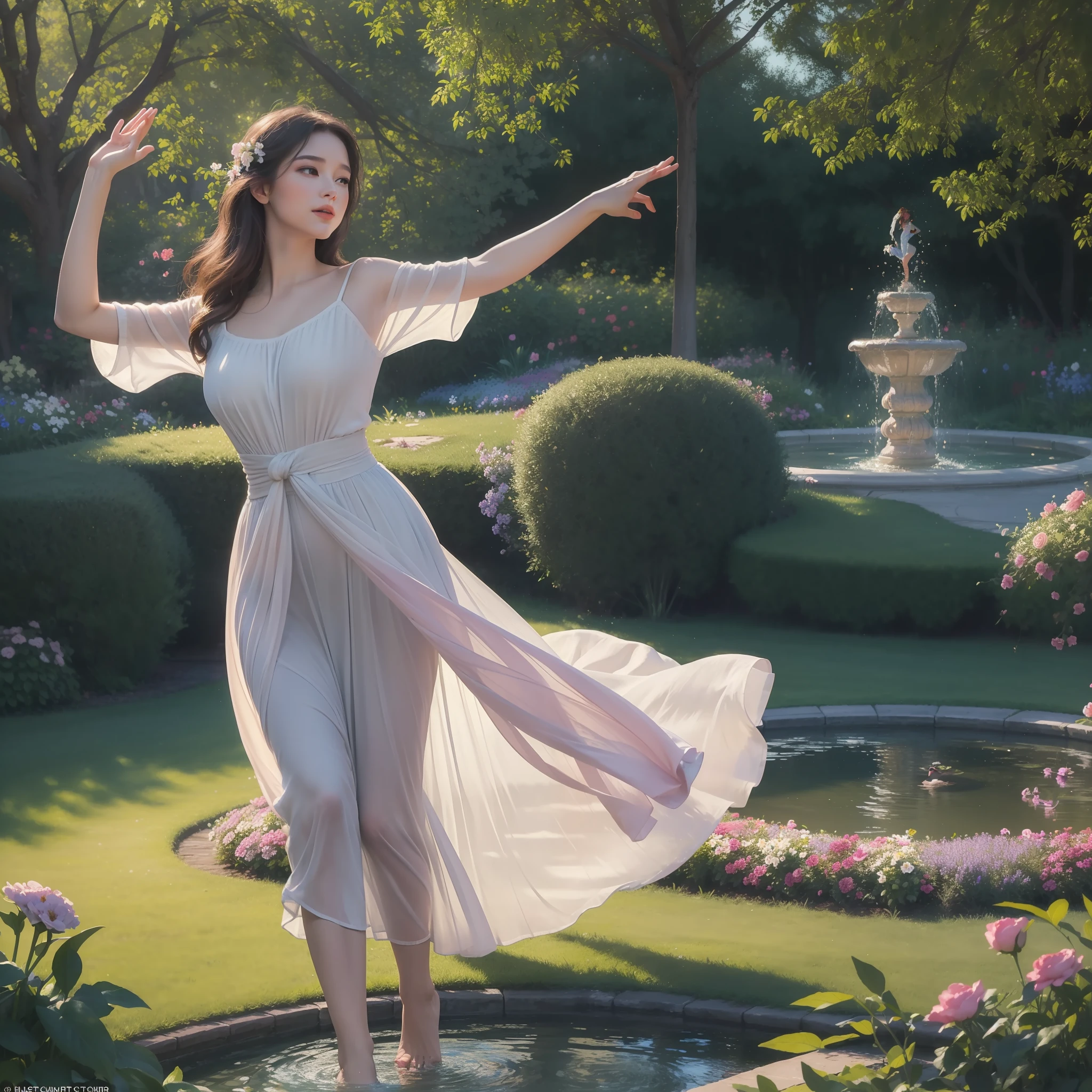 ((best quality)), ((masterpiece)), ((realistic)), Woman dancing gracefully in an enchanted outdoor garden, with flowers and fountains, under the soft, warm evening light. The work, in the Impressionist style, is an oil painting on canvas that features vibrant colors and pastels. The scene depicted is a true masterpiece in high definition, providing a charming visual experience. on eye level, scenic, masterpiece