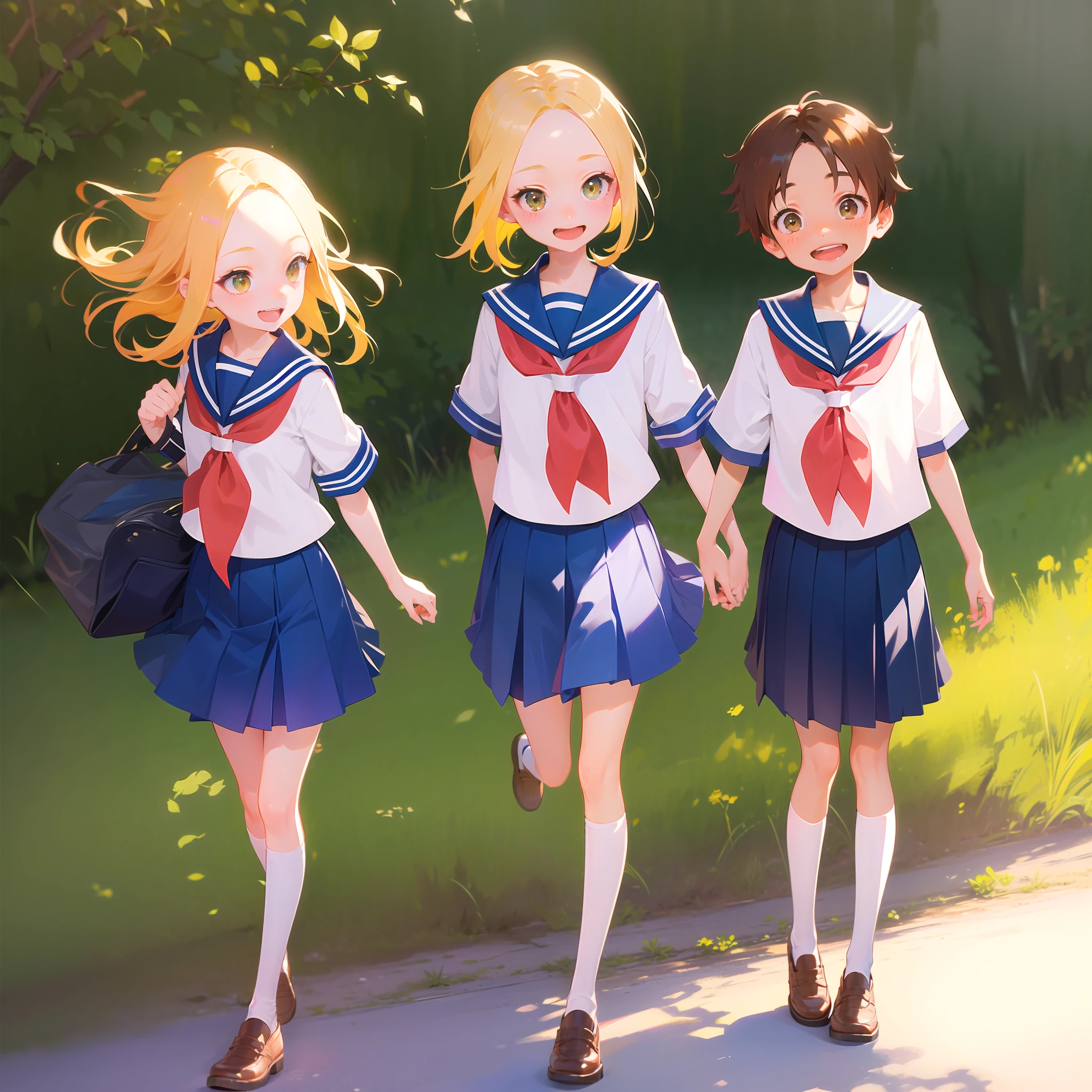 1boy and 1 girl:1.2, yellow hair, cheerful, good friends, school, (school uniform), smile, summer attire,