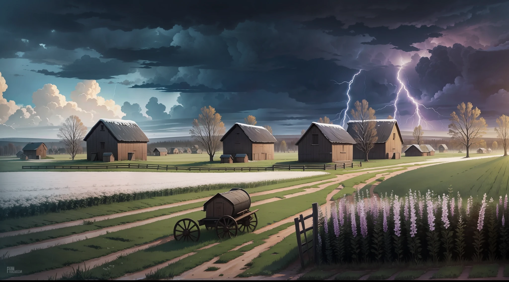 Draw a Russian village in the south of Russia in the spring weather, a dark pre-storm sky, black clouds on the horizon, distant flashes of lightning are visible, somewhere it is already starting to rain, in front of us is a large field in which several tractors are still working, and in front of the field there is a village, small authentic houses, behind them a deep forest, farmers walk around the village