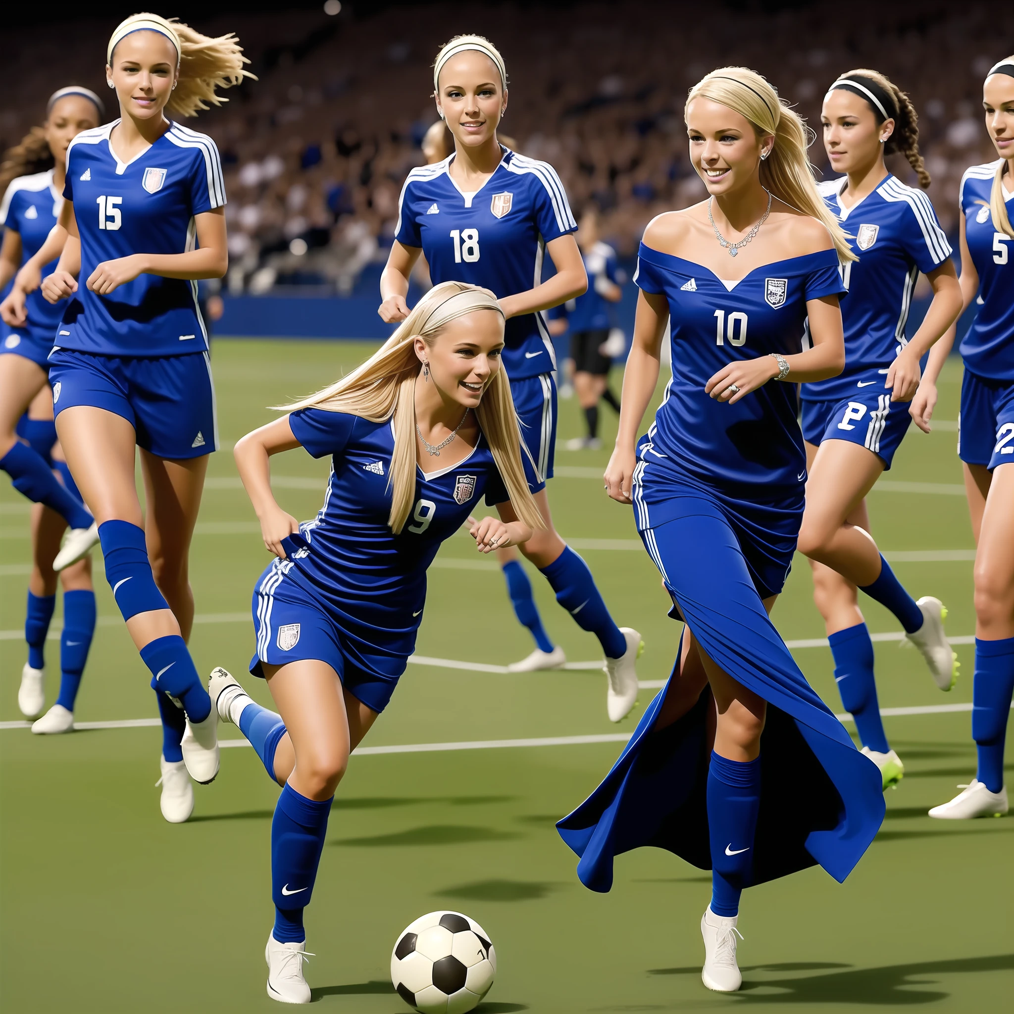 Stacy stepped into the soccer field wearing a stunning deep blue ballgown, adorned with delicate rhinestones that glimmered like stars. The off-the-shoulder sweetheart neckline and fitted bodice accentuated her figure, and added a touch of gracefulness. For jewelry, she wore a pair of silver drop earrings that dangled delicately a simple silver bracelet, and a matching necklace. On her feet, she wore a pair of strappy, royal blue stilettos that added a touch of sophistication to her overall look. With her long blonde hair elegantly styled and a subtle hint of makeup, Stacy was ready to play the best soccer game of her life! With a smile on her face, Stacy ran toward the ball and kicked it to her teammate.