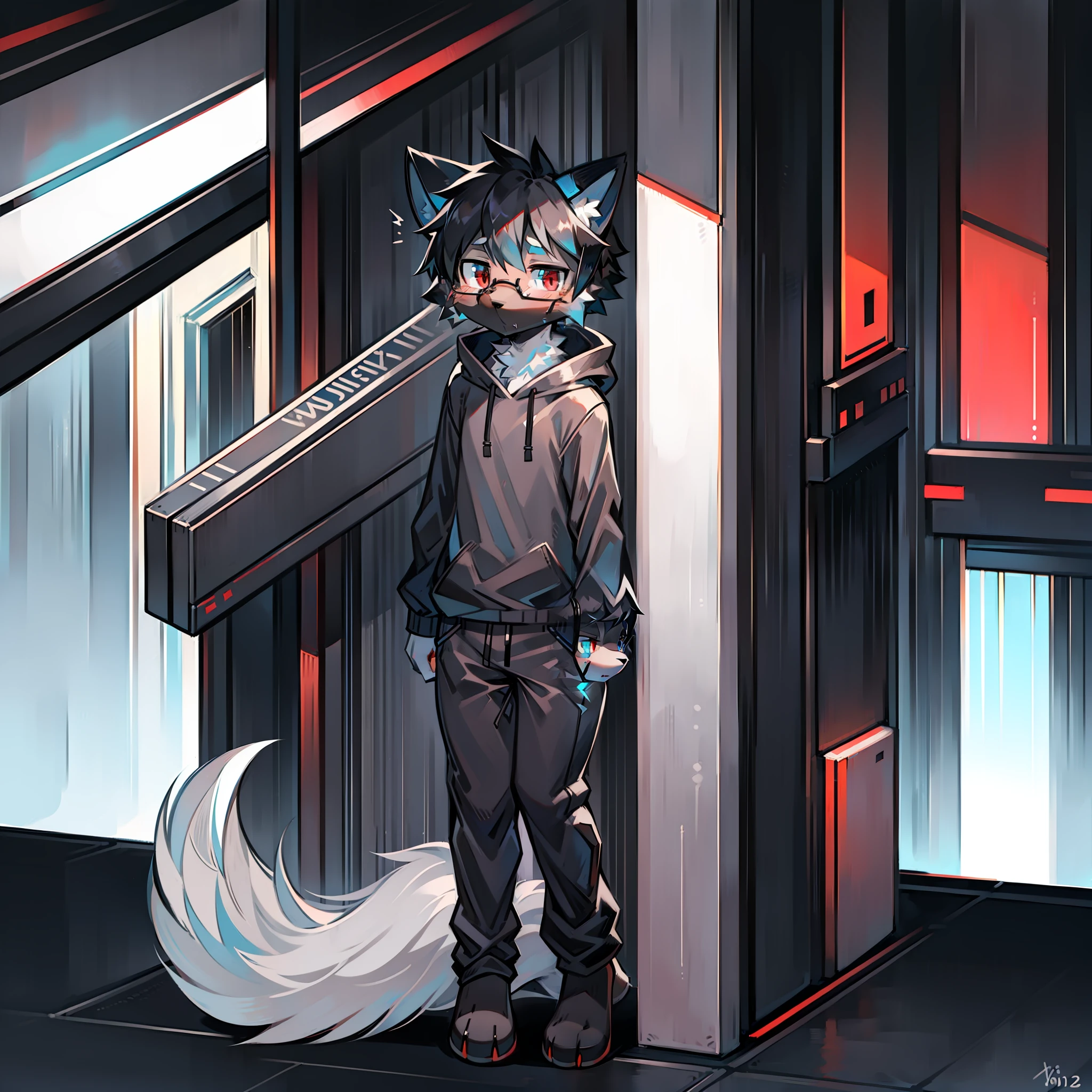 Solo, fluffy, shaggy male, juvenile, full body fur, gray-blue fur, white fur, gray-blue sweatshirt, gray-black trousers, black hair, black glasses, blue eyes, small canines, fluffy blue tail, male, short hair, anime, colored inner hair, fang, blunt bangs, mouth mask, headphones, hood, mismatched pupils, red eyes，heterochromia，fox ears，bored，serious，depressed，reference sheet