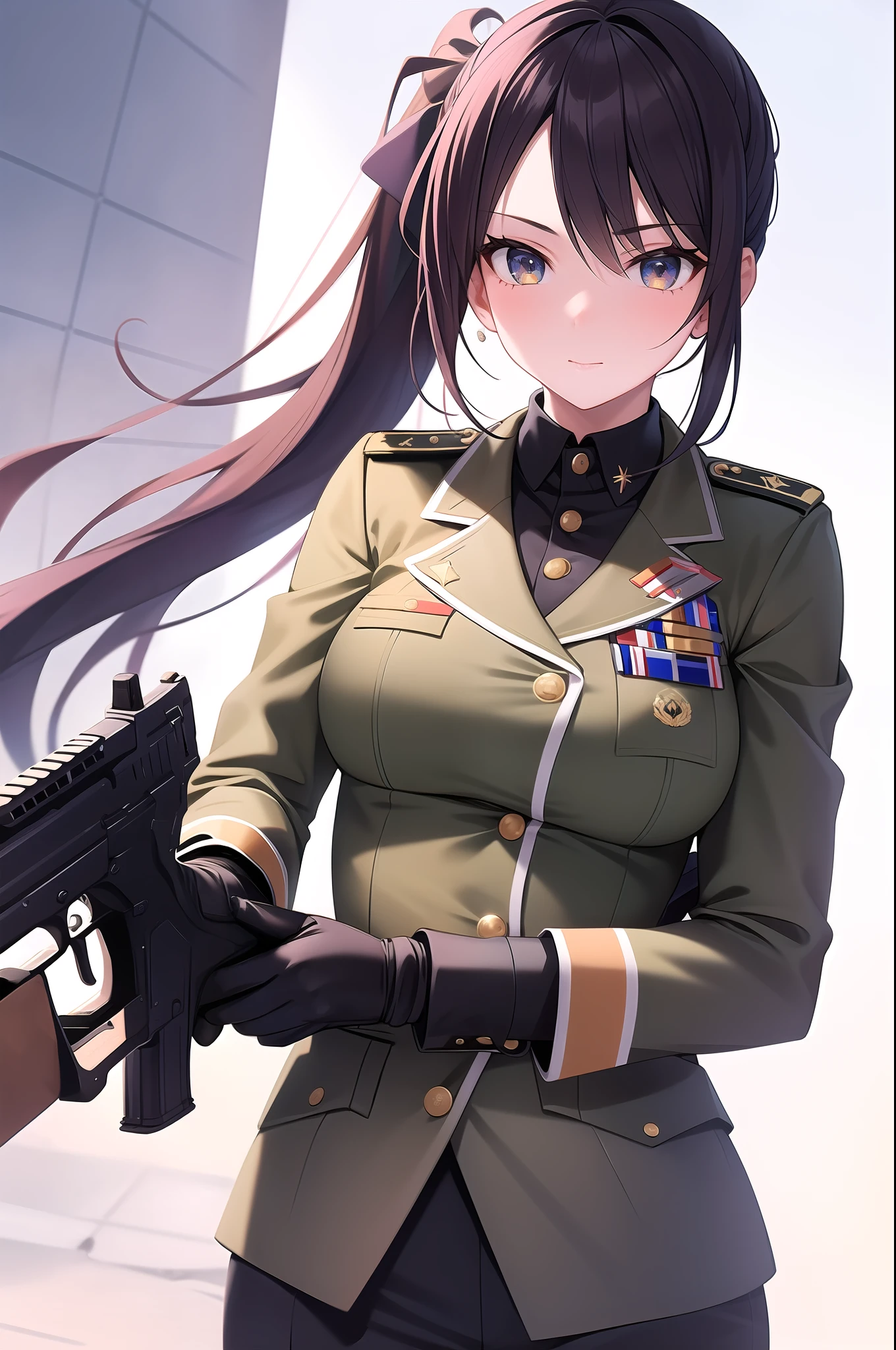 1girl, folded_ponytail, gloves, gun, military, military_uniform, rifle, sky, solo, upper_body, weapon
looking at viewer, masterpiece, best quality,