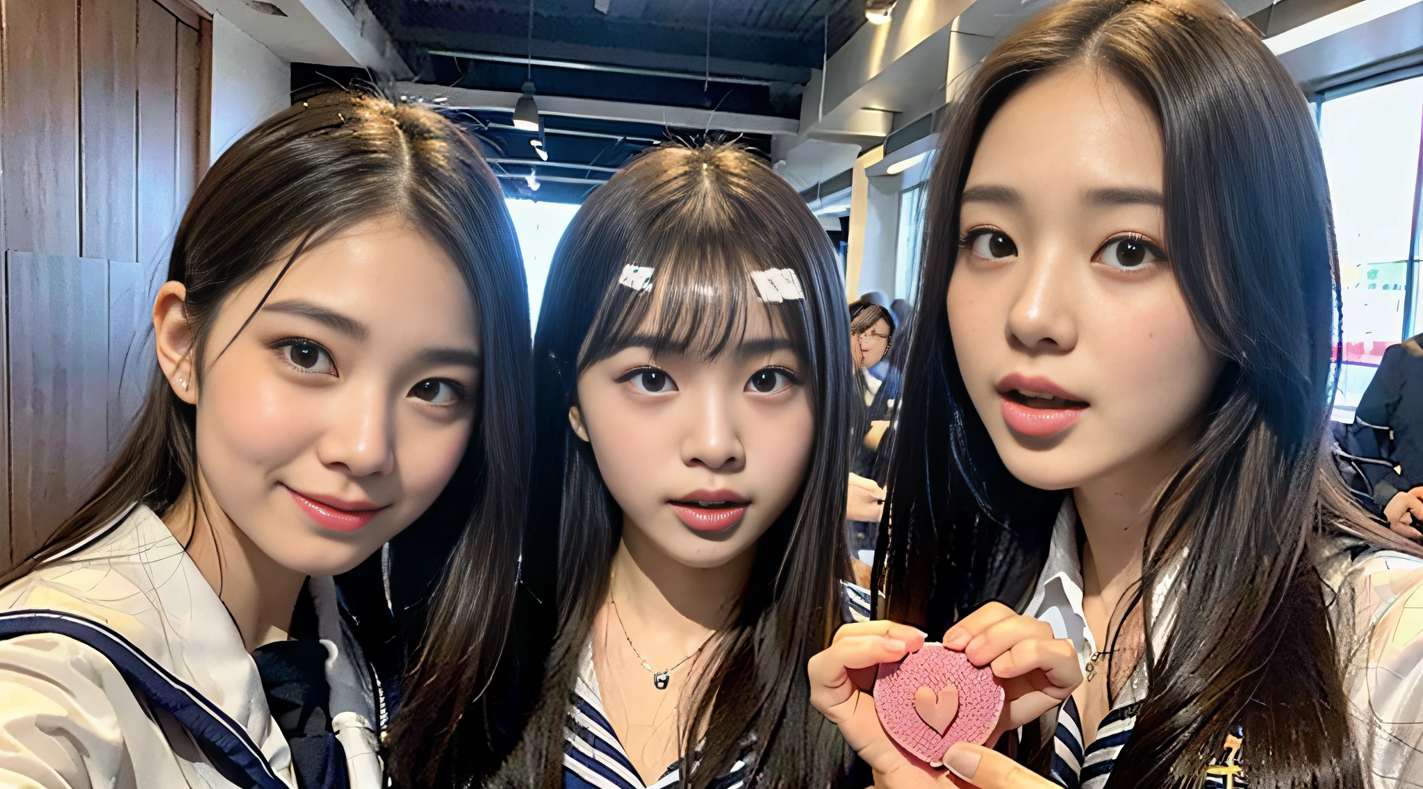 (8k, RAW photo, highest quality, masterpiece: 1.2), ultra detail, super resolution, (realistic, real photo: 1.37), (photorealistic: 1.2), portrait, high resolution RAW color photo, professional photo, very detailed and beautiful, mouth open (looking at this with tongue out), cute pose (posing to show sides), super high quality, 8k wallpaper, amazing details, Nogizaka46 ((looks exactly like Mario Gohyakujo)), very detailed beautiful girls, faces with different patterns, having a conversation in a school classroom, brown hair shining in the light, one is a ponytail, , a cute schoolgirl of today, very detailed face very detailed eyes, very realistic skin, very detailed fingers, very detailed nose, very detailed mouth, perfect anatomy, very detailed sailor suit, very detailed background, After school, smiling school girls gather in the hallways of the school. They are in uniform, and the blackboard is faintly visible in the background. The bright windows illuminate the classrooms, revealing the details of their hair and uniforms. They enjoy chatting in natural poses and seem to have memorable conversations. Smiles are overflowing and fun spreads in the hallwaysSome of them have sticking out their tongues, Famous Japan idols, Cute, realistic body, Slender, White skin, Radiant skin, Slim body, Long straight hair, (dull bangs: 1.2), Schoolgirl youth Celebrity-level cuteness , (pink eye shadow) ((Drawing a picture of a heart under the eyes)) heart, ♡