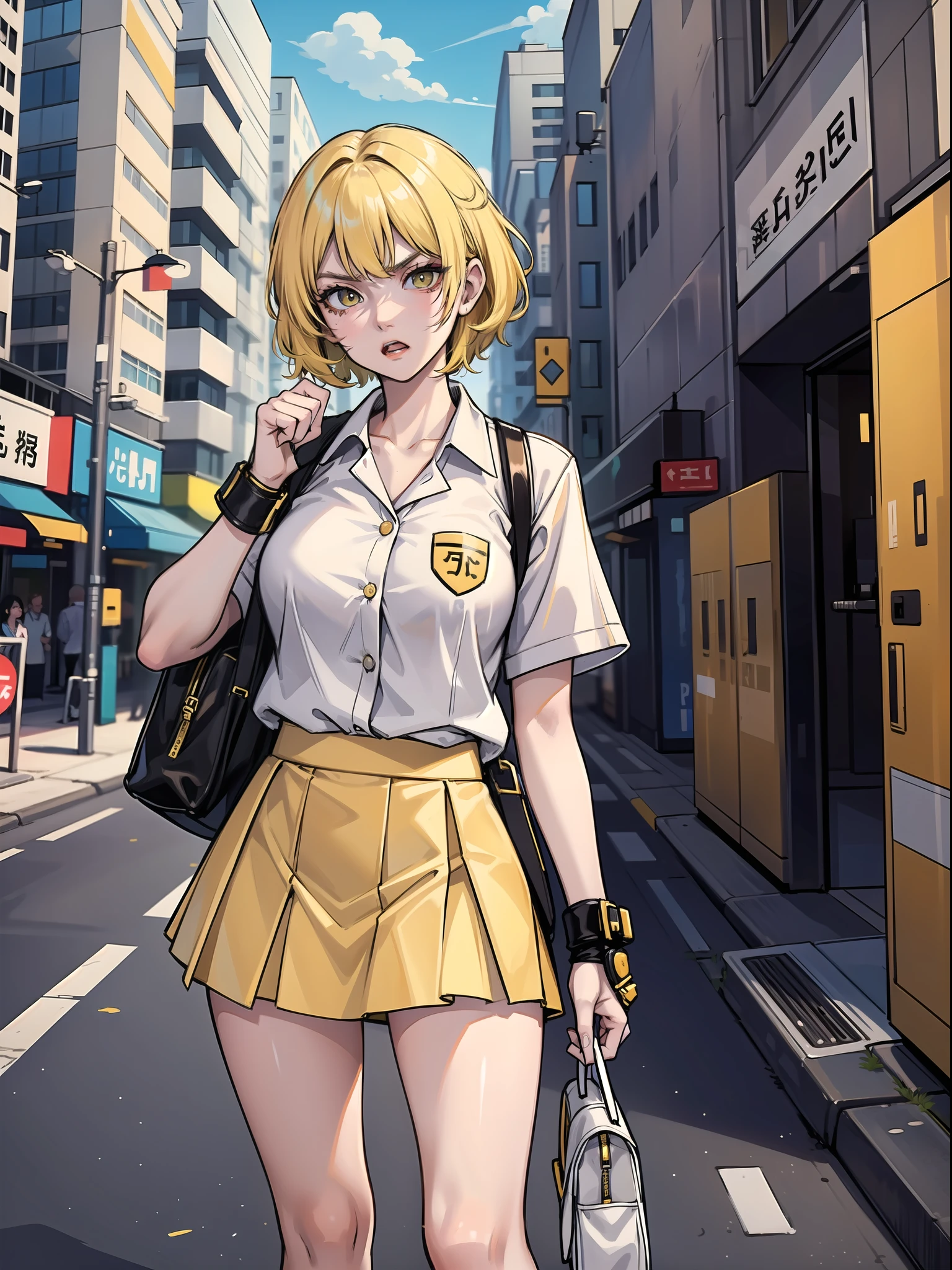 Short yellow hair, woman, white clothes, full yellow short skirt, very angry, urban, roadside, hands clenched into fists