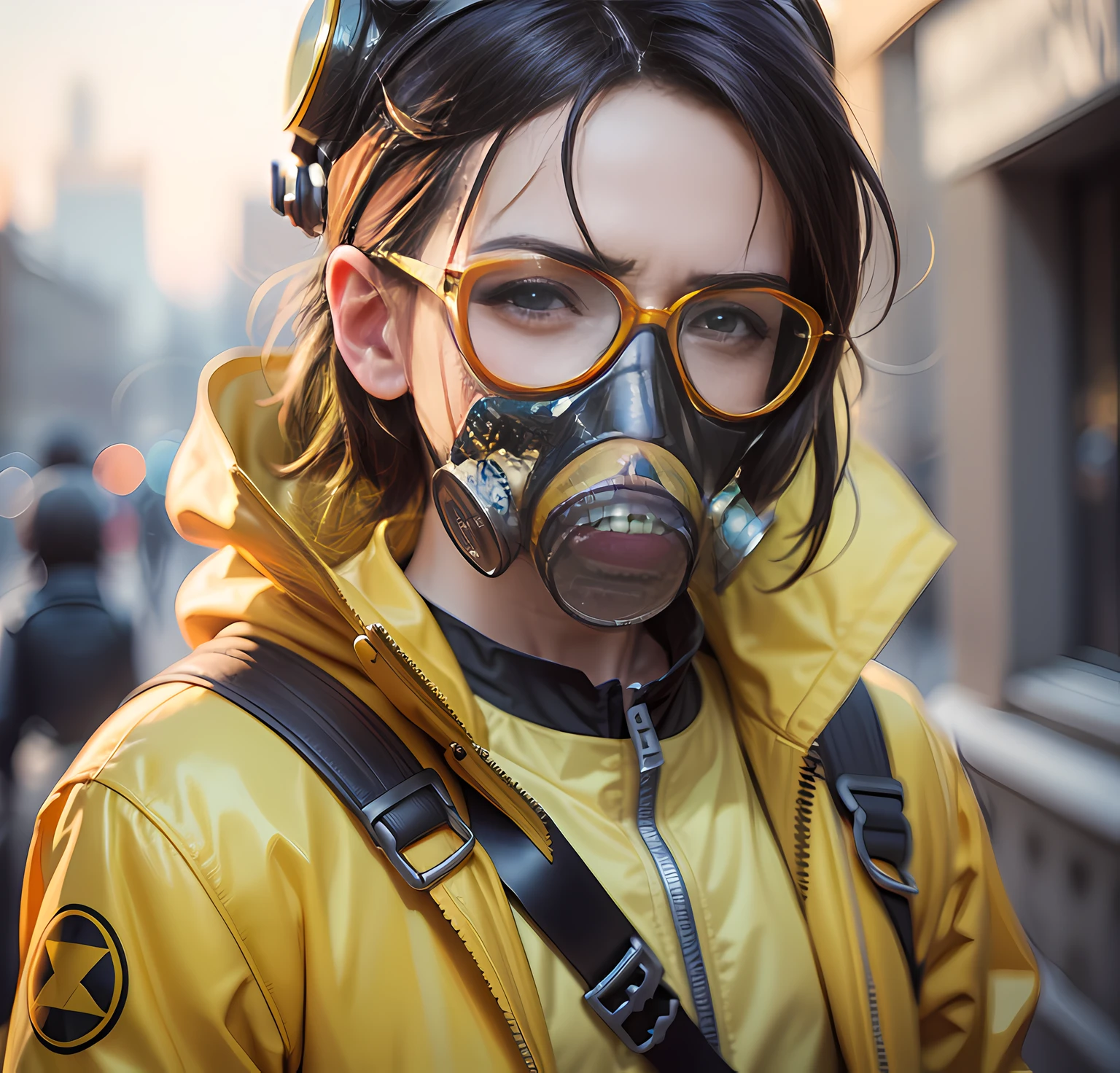 A stunning and intricate color photo of the upper body of a man wearing glasses, (wearing a yellow lab coat and a gas mask on his head), beautiful punk girl.
epic composition of characters,
By Ilya Kuvshinov, Alessio Albi, Nina Masic,
sharp focus, natural lighting, subsurface scattering, f2, 35mm, film grain