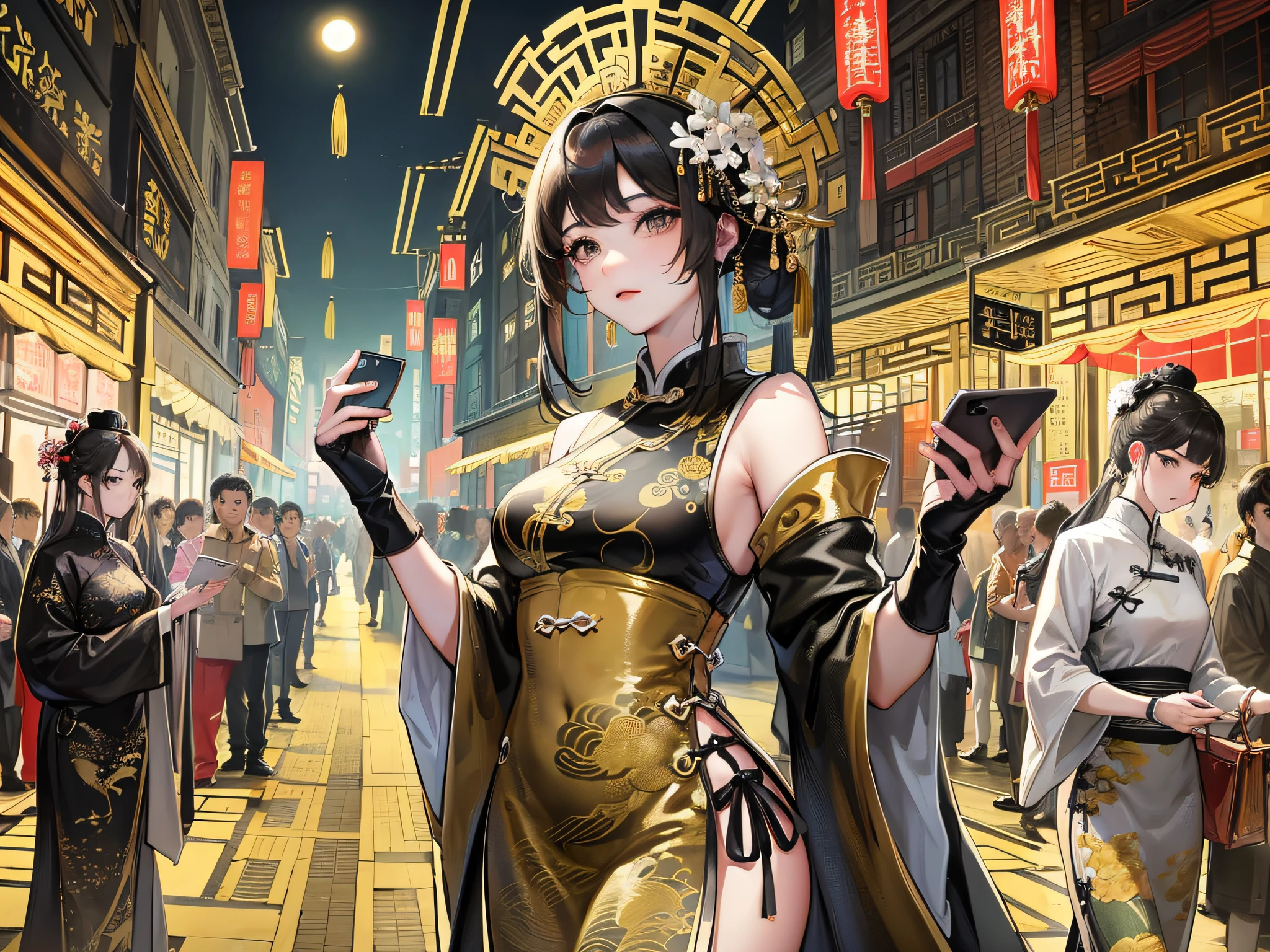 Masterpiece, Superb Night, Full Moon, In the crowd, a woman takes a picture with a mobile phone, Chinese style, ancient China, black hair, black eyes, , calm, black gold blend, gold pattern, dragon pattern, one, palace, standing, medium view