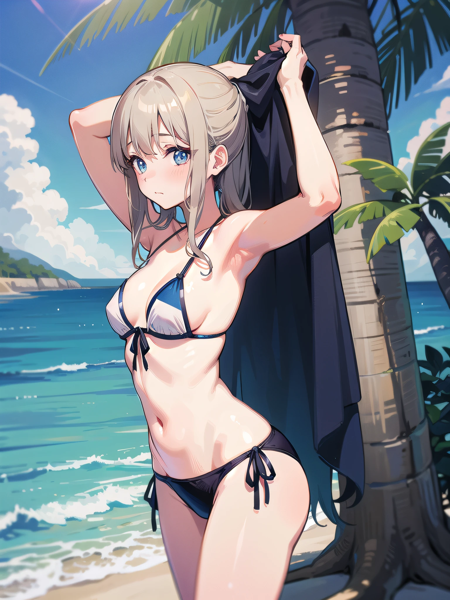 Downcast hair, bikini, shy facing yokoro, beach, long hair