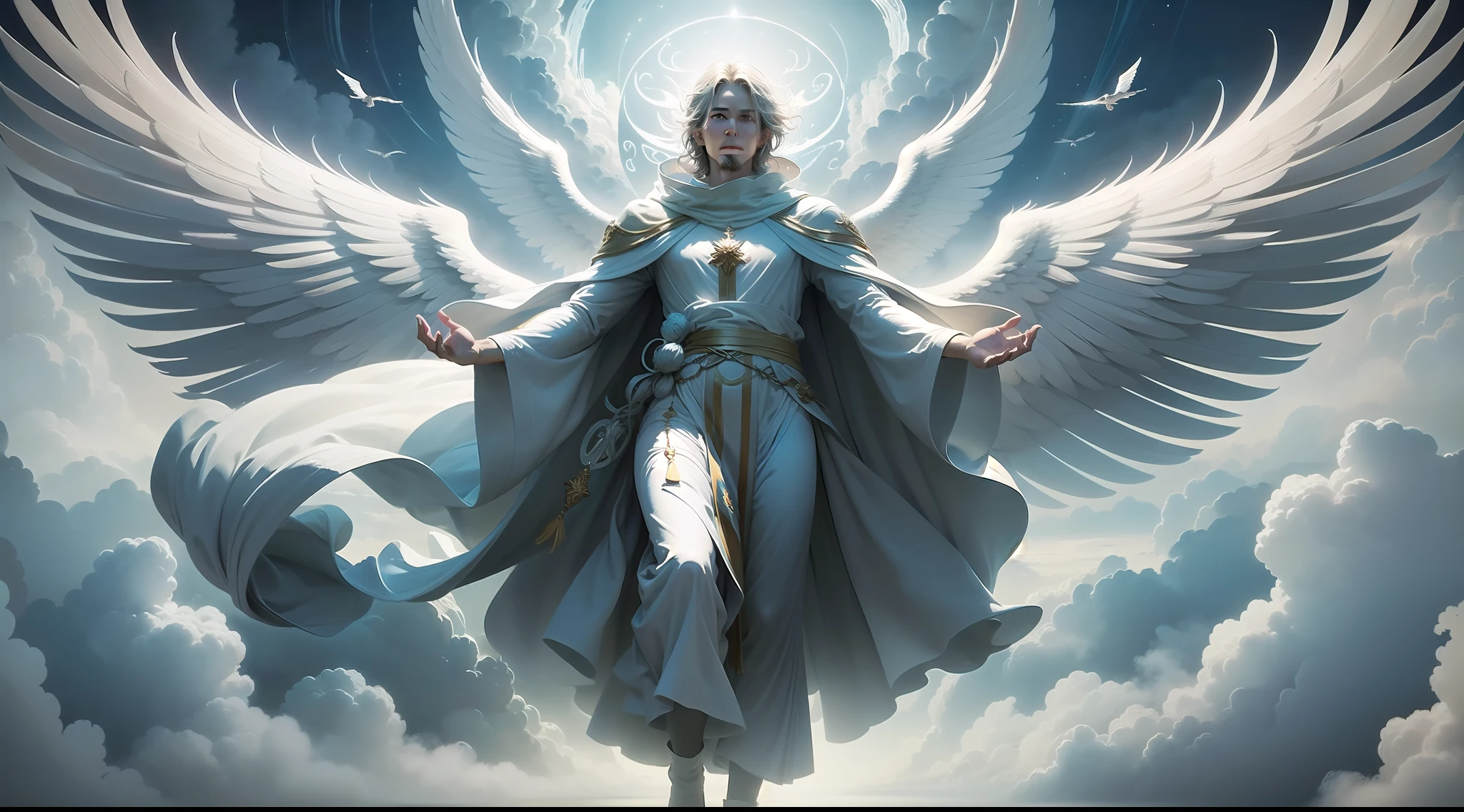 Angel Gabriel, man, wearing a white gown. 40 years old, (((descending from the skies floating amid the clouds))), celestial, (((full-length))), perfectly structured, designed by Kekai Kotaki