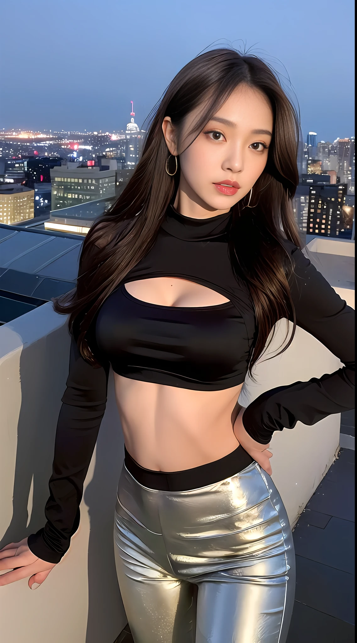 ((Midnight, Best quality, 8k, Masterpiece :1.3)), Whole body, Long legs, Sharp focus :1.2, A pretty woman with perfect figure :1.4, Slender abs :1.1, ((Dark brown hair, Big breasts :1.2)), (shiny Crop top shirt, Low waist pants, Standing:1.2), ((Night city view, Rooftop:1.2)), Highly detailed face and skin texture, Detailed eyes, Double eyelid