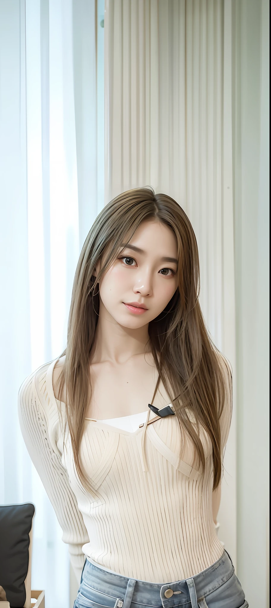 Portrait of a la Fed Asian woman in white top and blue jeans, beautiful Korean woman, beautiful young Korean woman, gorgeous young Korean woman, Korean girl, Choi Hong-hwa, Soon Yoon-joo, Korean female idol, Dhilaba Dilmrat, Lee Ji-eun, Lee Ji-eun, Jaeyoung Nam, (RAW photo, best quality)), (Realistic, photorealistic: 1.3), masterpiece, very delicate and beautiful, highly detailed CG, unity, 2k wallpaper, amazing, fine details, light smile, highly detailed CG Unity 8k wallpaper, huge file size, super detail, high resolution, absurdity, soft light, beautiful detailed girl, detailed fingers, very detailed eyes and face, beautiful detailed nose, beautiful detailed eyes, long eyelashes, light on face, look at viewer, 1 girl, (full body), ((small breasts)), realistic face, realistic body, beautiful detailed thighs, (ulzzang-6500-v1.1:0.4),