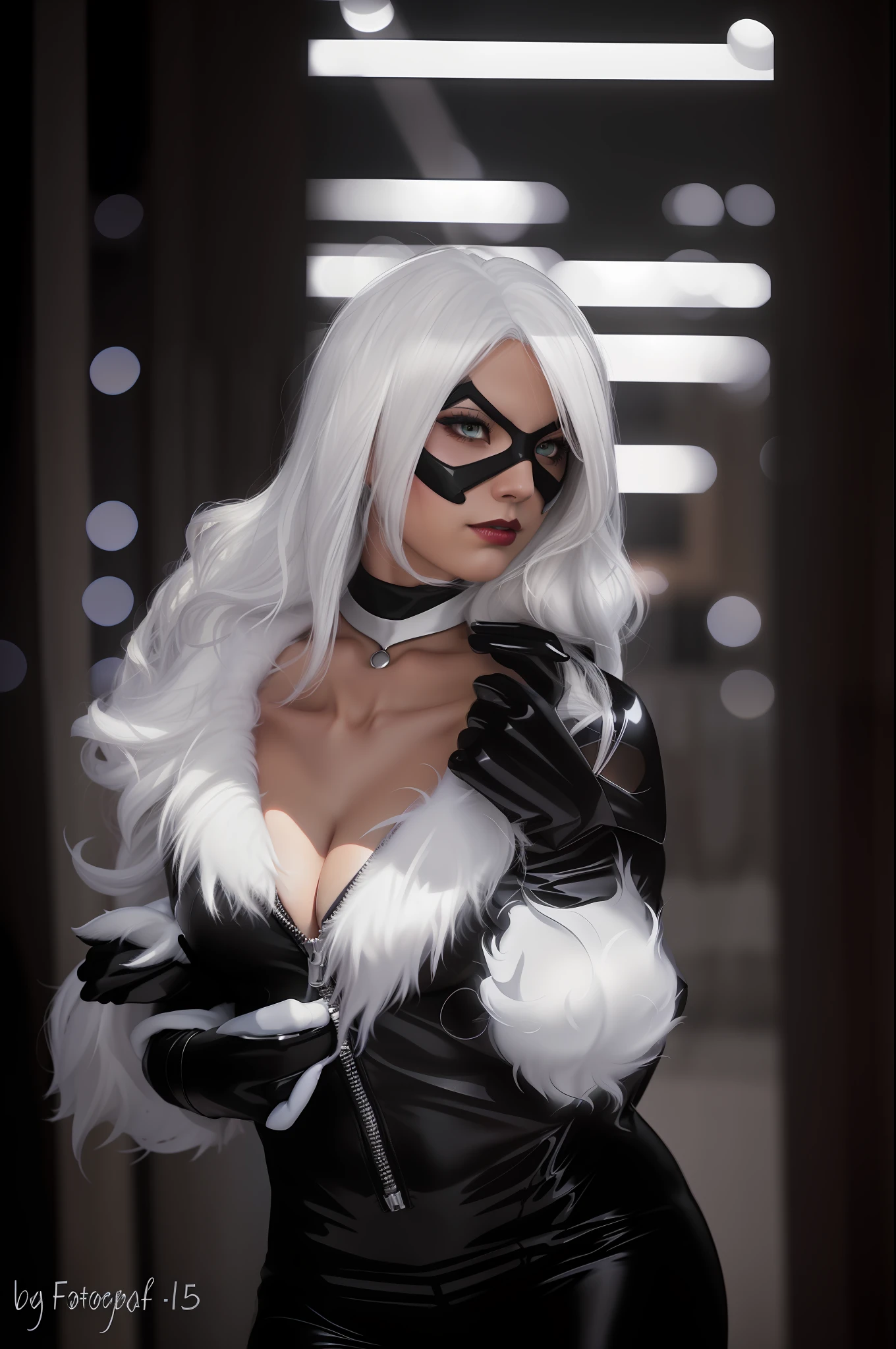 Professional photography of Sexy female Marvel character, white hair, in dynamic and sensual pose under the moonlight. Wearing a black latex costume with white fur. Warm body, detailed face, realistic, highly detailed, large breasts, glowing skin. 
Low depth of field lens, Canon EOS R, shutter speed: 1/500 or 1/1000 sec, 1/60 or 1/125 sec, aperture: f/8, ISO: 100, vibrant colors, elegant, natural light, professional.
