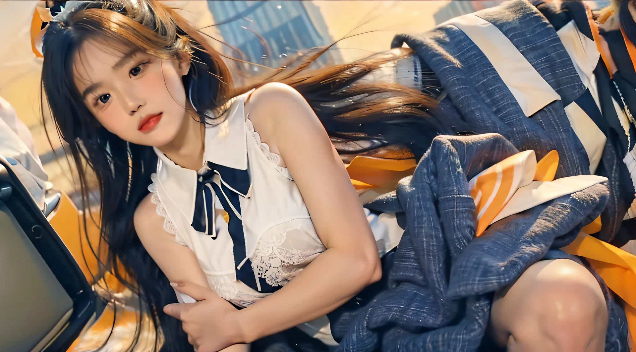 Office secretary beauty, perfect details, HD meticulous, super high resolution, master works, high quality, 8k resolution, single viewing angle. Elegant facial features, watery eyes, slender eyelashes, flowing long hair, beautiful bangs. Demure face, exposed shoulders, prominent loafers. Dressed in a gorgeous Lolita-style orange sleeveless dress with lace-trimmed and orange pleated skirt. Sit at your desk with your chin on your chin and show your grace. The backdrop is a modern office illuminated by soft lighting to create a neon cyberpunk style. A transparent jacket with ribbons and collars for a glamorous look. The overall style evokes confusion and reveals a mysterious temperament. Present an attitude of confidence and strength, Asian girl.