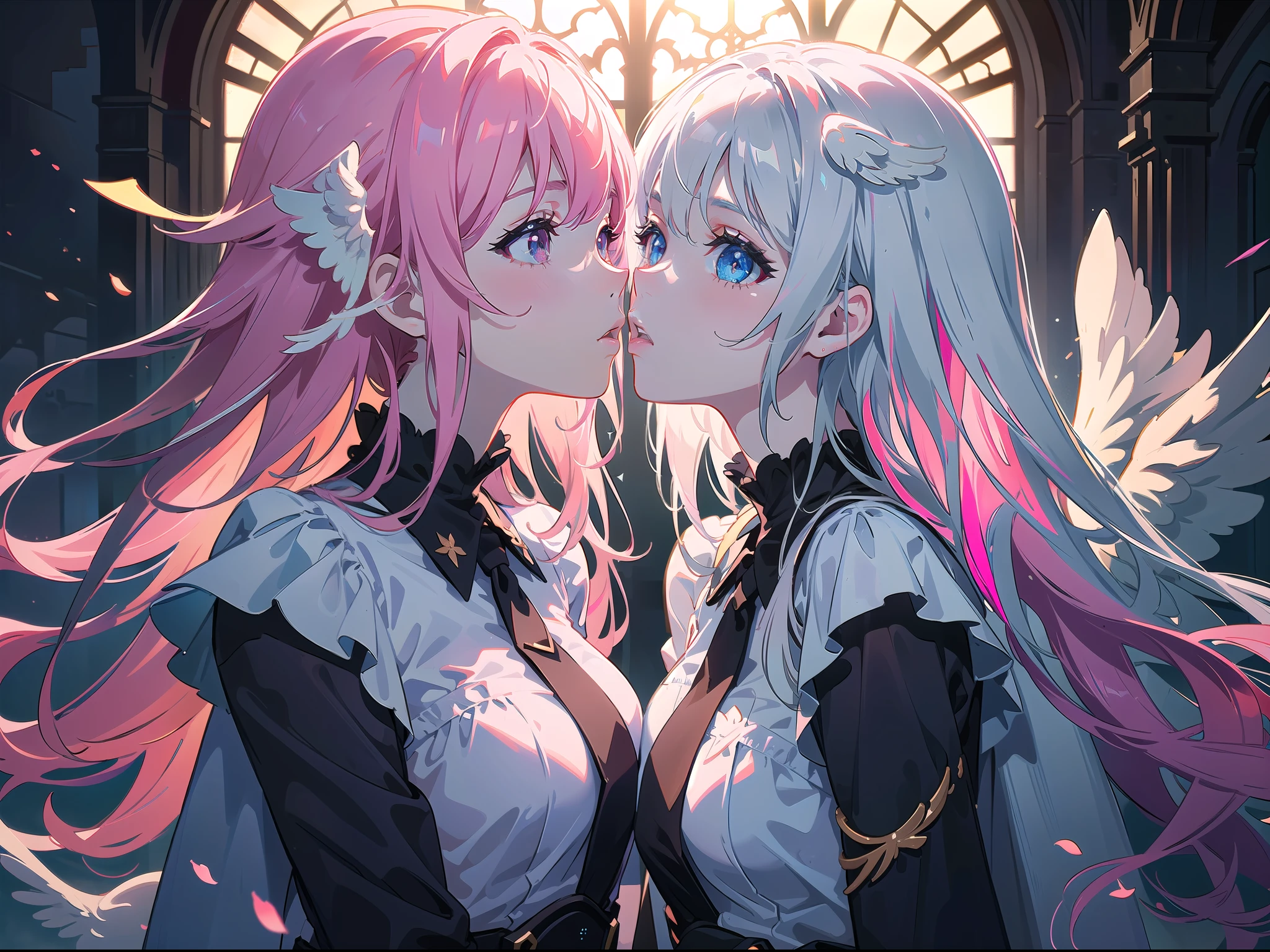 (((masterpiece))), ((best quality)), ((ultra-detailed)), ((illustration)), dynamic angle, an extremely delicate and beautiful, (((extremely delicate and beautiful girls))), (((2girls))), ((((french kissing)))), (saliva), (((((detailed one-wing angel))))), (cathedral), (((extremely detailed silver hair))), (((extremely detailed pink hair))), ((jump into)), (((looking at each other))), detailed cloth, (((upper body))), ((both detailed faces)), highres, extremely detailed CG unity 8k wallpaper, ((extremely detailed beautiful eyes)), game cg, absurdres, delicate composition, ray tracing, HDR, shiny skin, ultimately-detailed, floating hair, lens flare, glitter, confused, half opening eyes