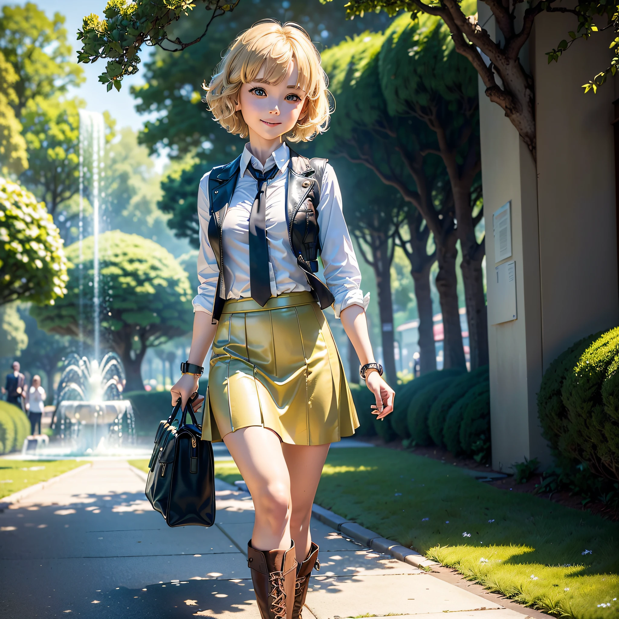 (Masterpiece, highest quality, highest resolution, distinct_image, very elaborate CG, cinematic lighting, ray tracing, drop shadows, detailed detail, (photorealistic: 1.4), high quality textures, fine-grained, realistic face expression): (lone girl, face is Japan, short golden hair, small size breasts, sparkling eyes, Eye level shot, happy smile, beauty, slim body, holiday, skirt, white shirt with collar, leather vest, cardian, handgun holder, carrying leather bag on back, long boots, tie, season of fresh greenery, sunny day with good climate, green park, lush trees, wide lawn, promenade in park, flowers blooming in flower beds, street, fountain, Active Angle, Active Action)