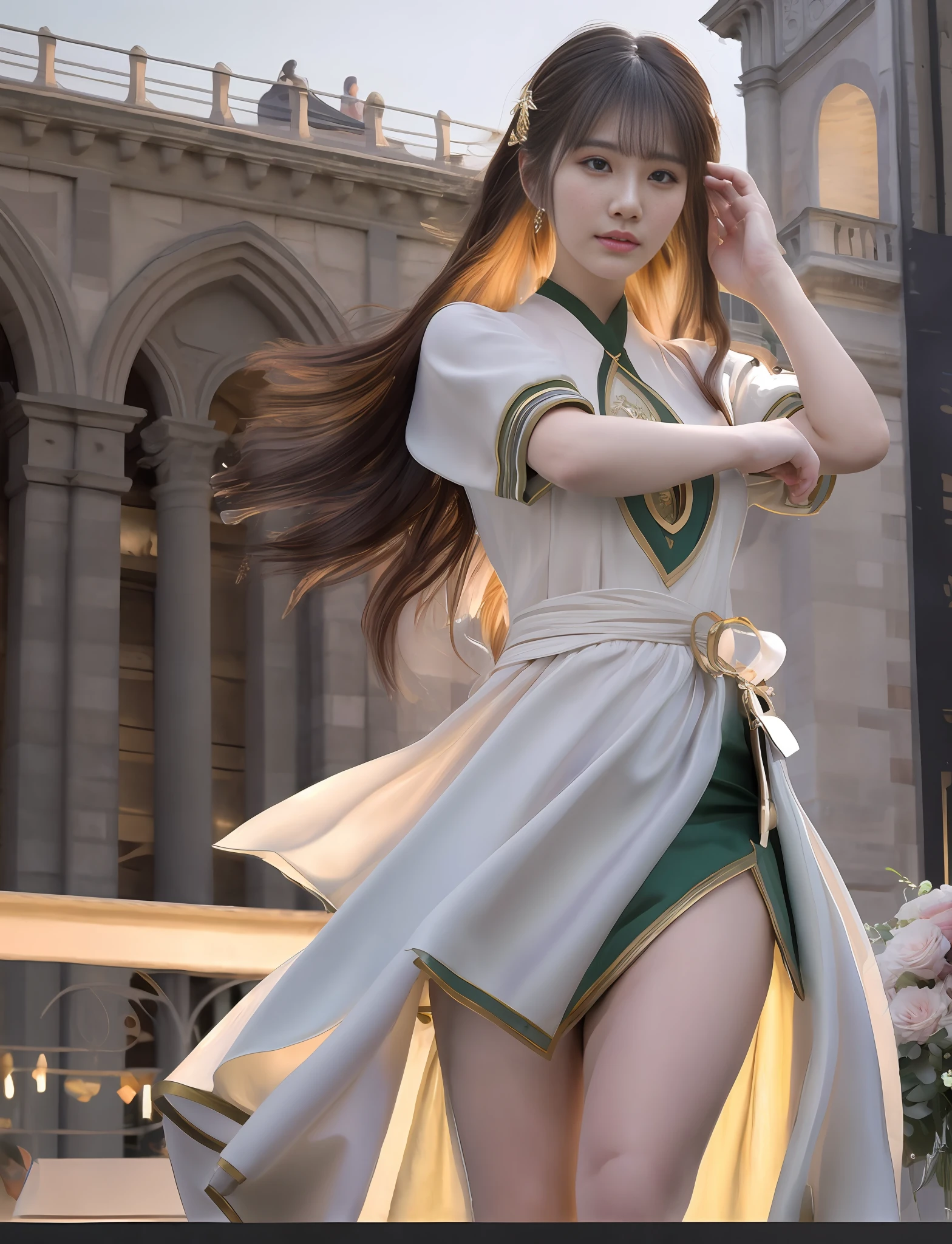 Model shooting style, (extremely detailed CG Unity 8k wallpaper), full-shot body photo of the most beautiful artwork in the world, stunning beautiful photo realistic available, super realistic super detailed photo, a beautiful girl as a female dancer on the streets of Florence, navel, complex dress, banquet, crowd, [slight smile], (Palazzo Vecchio and Piazza della Signoria background), (princess eyes, shining pupils), detailed symmetrical beautiful hazel eyes, detailed gorgeous face, highly detailed, Vibrant, professional majestic oil painting by Ed Blinkey, Atey Ghailan, Studio Ghibli, Jeremy Mann, Greg Manchess, Antonio Moro, ArtStation Trends, CGSociety Trends, Complex, High Detail, Sharp Focus, Dramatic, Realistic Painting Art, by Midjourney and Greg Written by Rutkowski