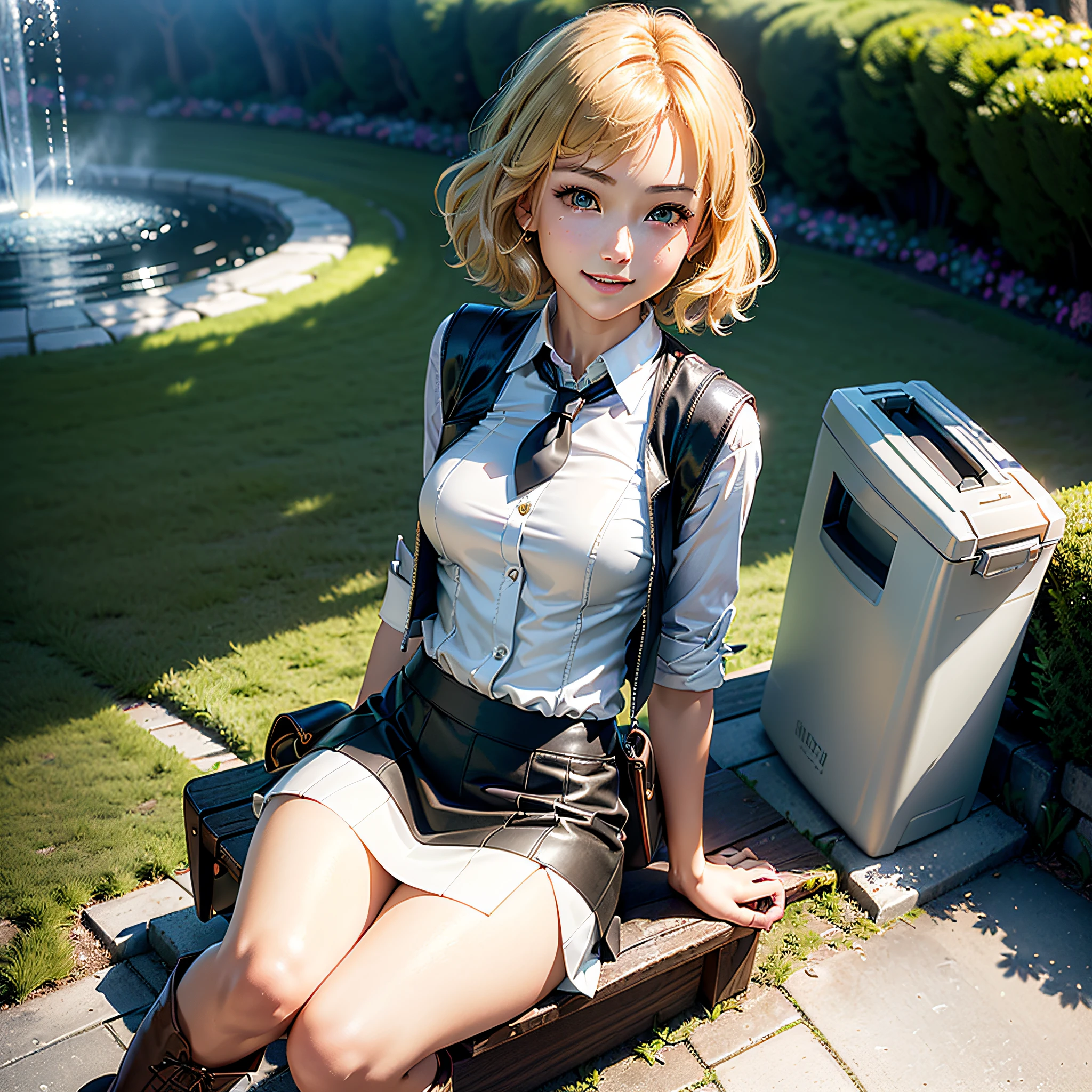 (Masterpiece, highest quality, highest resolution, distinct_image, very elaborate CG, cinematic lighting, ray tracing, drop shadows, detailed detail, (photorealistic: 1.4), high quality textures, fine-grained, realistic face expression): (lone girl, face is Japan, short golden hair, small size breasts, sparkling eyes, Eye level shot, happy smile, beauty, slim body, holiday, skirt, white shirt with collar, leather vest, cardian, handgun holder, carrying leather bag on back, long boots, tie, season of fresh greenery, sunny day with good climate, green park, lush trees, wide lawn, promenade in park, flowers blooming in flower beds, street, fountain, Active Angle, Active Action)