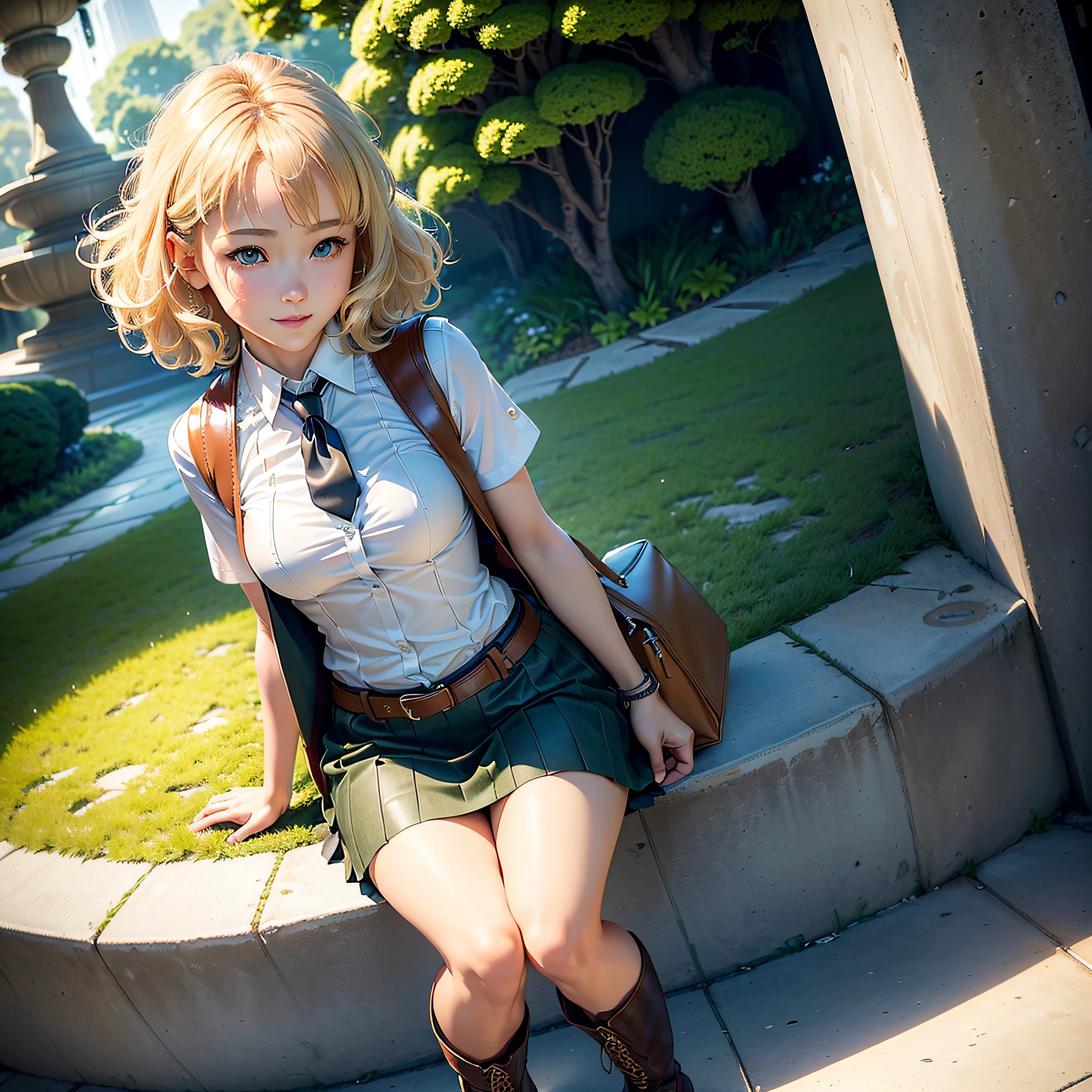 (Masterpiece, highest quality, highest resolution, distinct_image, very elaborate CG, cinematic lighting, ray tracing, drop shadows, detailed detail, (photorealistic: 1.4), high quality textures, fine-grained, realistic face expression): (lone girl, face is Japan, short golden hair, small size breasts, sparkling eyes, Eye level shot, happy smile, beauty, slim body, holiday, skirt, white shirt with collar, leather vest, cardian, handgun holder, carrying leather bag on back, long boots, tie, season of fresh greenery, sunny day with good climate, green park, lush trees, wide lawn, promenade in park, flowers blooming in flower beds, street, fountain, Active Angle, Active Action)