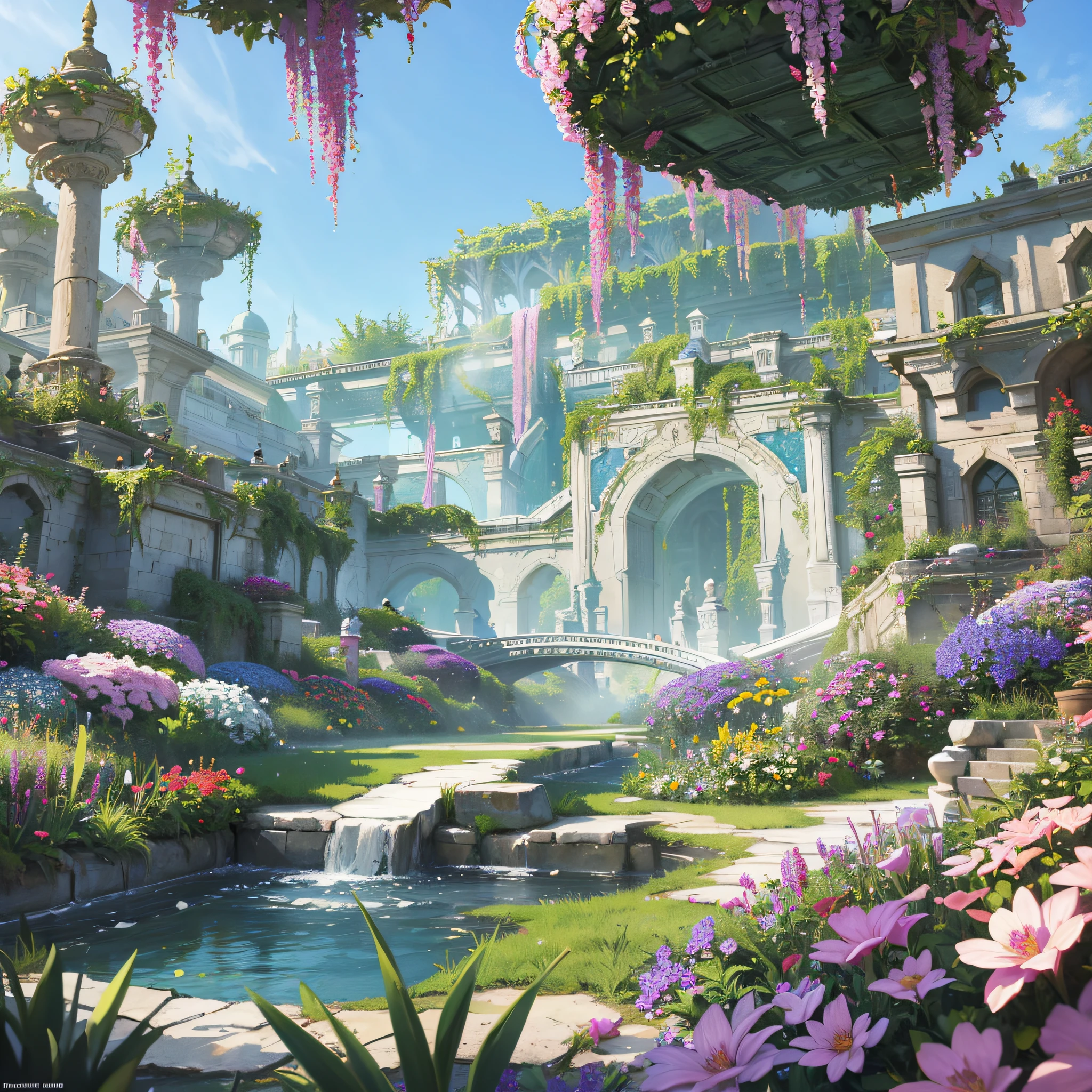Inside the floating garden there are various flowers, game CG, Kingdom of Light background, flyover, game rendering, fantasy 3D rendering, vertigo fantasy 3D rendering, 3D game art, 3D game art, gorgeous border + concept art, high detail official artwork --auto --s2