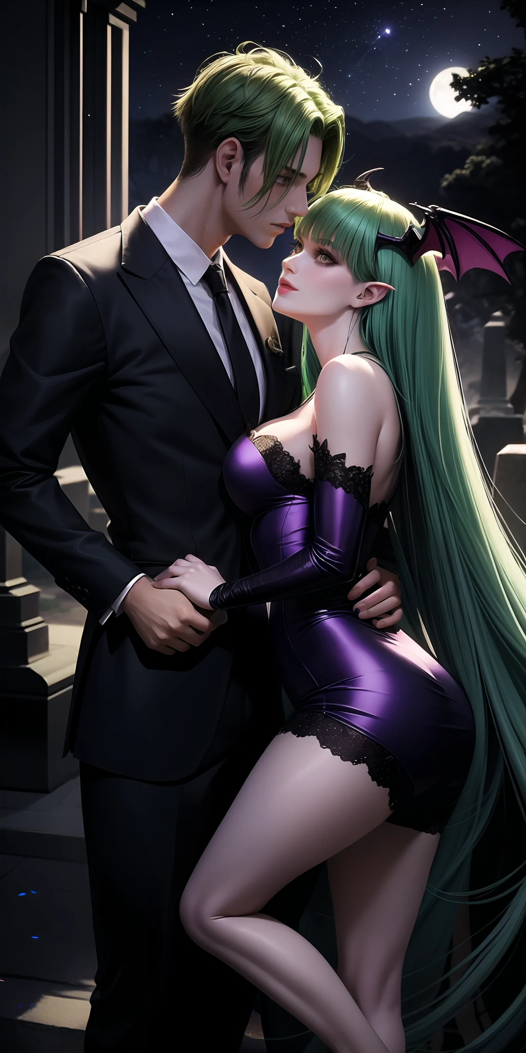 realistic, couple, 1 woman ( GREEN HAIR), bright eyes, seductive look, succubus, demongirl, Morrigan Aensland, 1 man (PURPLE HAIR), seductive look, suit, androgen, holding hands, kiss, moonlight, moon, cemetery, dry leaves, dry trees, hug, central