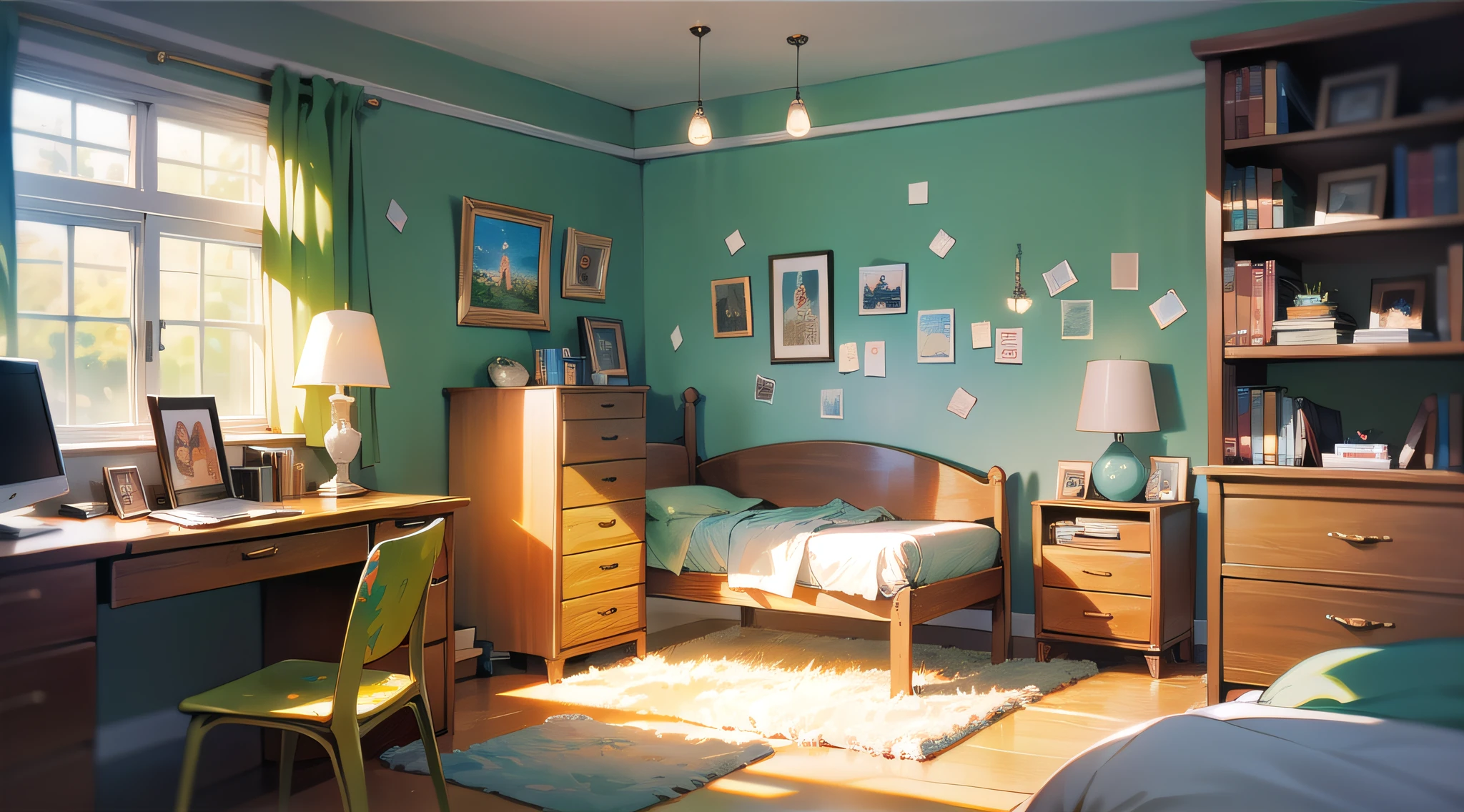 college dorm, dorm room, spaceous, wide shot, empty, blurry foreground, vibrant colors, modern design, cozy atmosphere, posters, eclectic furniture, Wallpaper, dappled lighting, morning sunlight, highly detailed