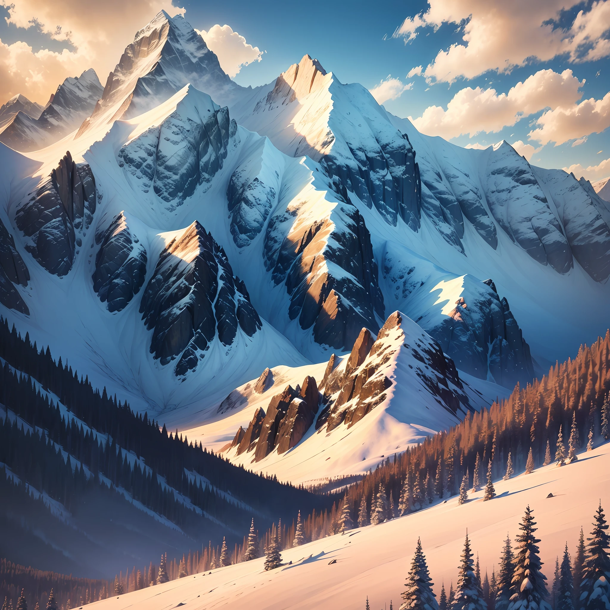 The sun shines gold, snowy mountains, majestic, and the perspective goes up --auto --s2