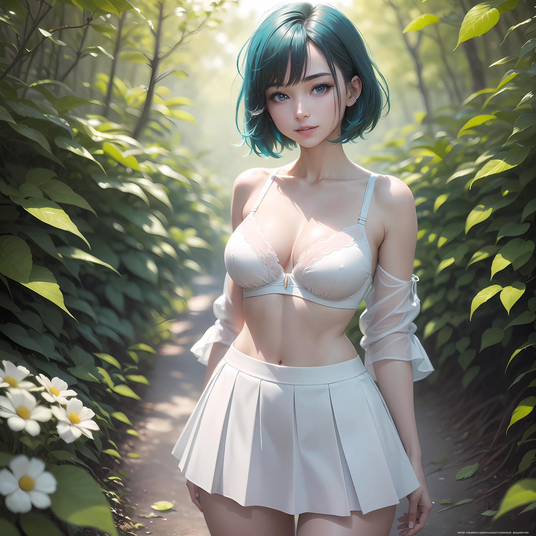 extremely delicate and beautiful girls, Beautiful detailed girl, standing, extremely detailed body, girl,woman,female, mature,30 years old, short hair, bob cut, asymmetrical bangs, hair pulled back, aqua hair, beautiful detailed hair, delicate beautiful face, seductive smile, beautiful and delicate eyes, parted_lips, Bare arms, delicate hands, large_breasts, midriff, , aqua eyes, white skin, piercing, underwear, bra, pleated_skirt, high_heels, skindentation, underboob, thigh_gap, white Clothes, outdoors, leaves, landscape, lens flare, extremely detailed CG 8k wallpaper, very precise detailed, hyper detailed, --auto --s2