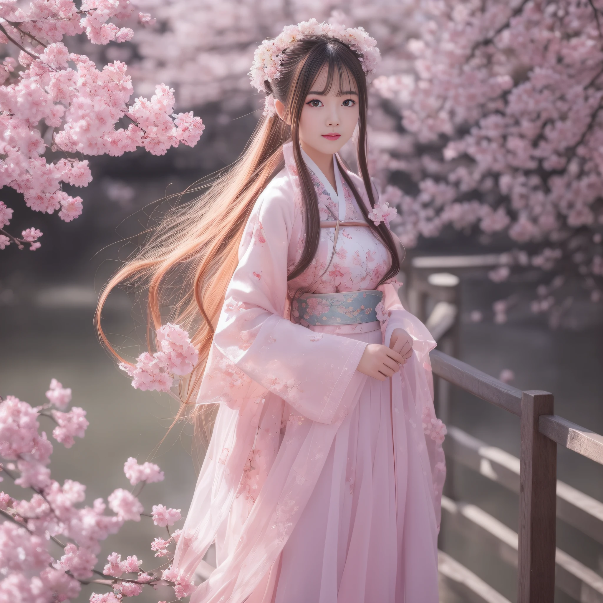 Extremely detailed CG Unity 8k wallpaper, best lighting, super detailed), (best quality, masterpiece, high resolution), standing, national style girl, cherry blossom petals, soft light, beautiful hair, pink and white Hanfu costume, large open space, cherry blossom season, cherry blossom silk, bright colors, light smile, floating cherry blossom petals, standing on a wooden bridge