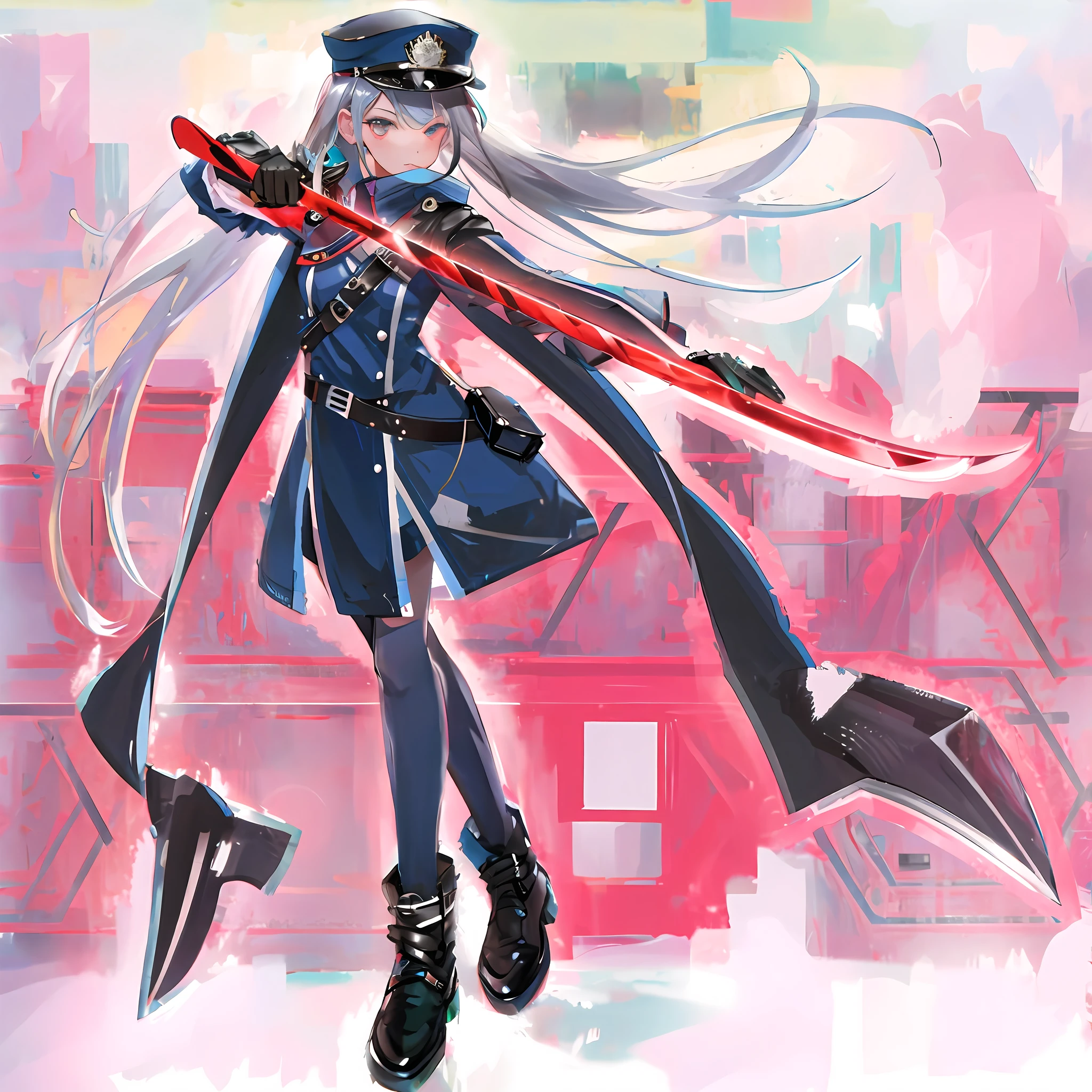 Stockings, girly, with a sword, leather coat, sexy