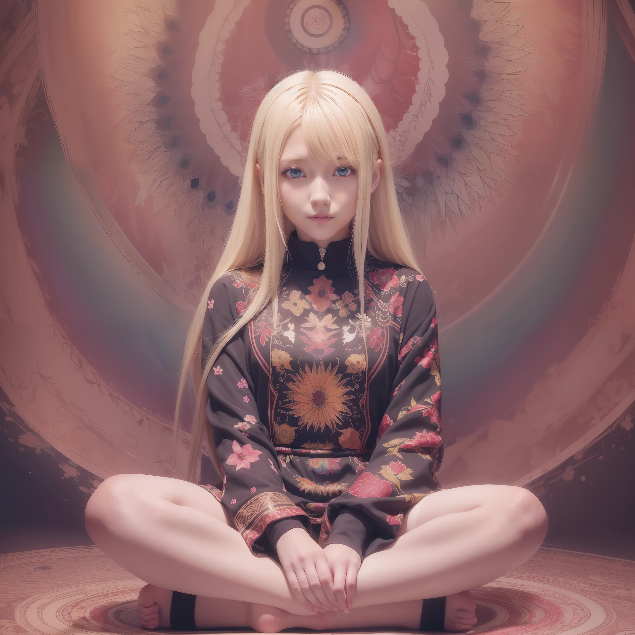 "a blonde-haired anime character, with red eyes, seated in a lotus position on a stage with a curtain backdrop, accompanied by a character portrait, psychedelic art, sketch color."