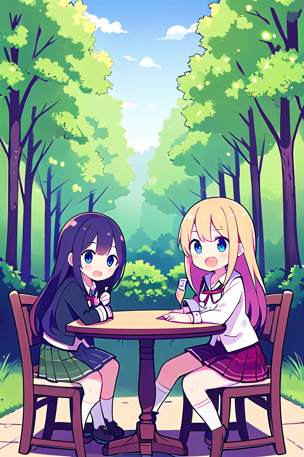 best quality, high resolution, girls, wearing Skirt, Table, in Forest