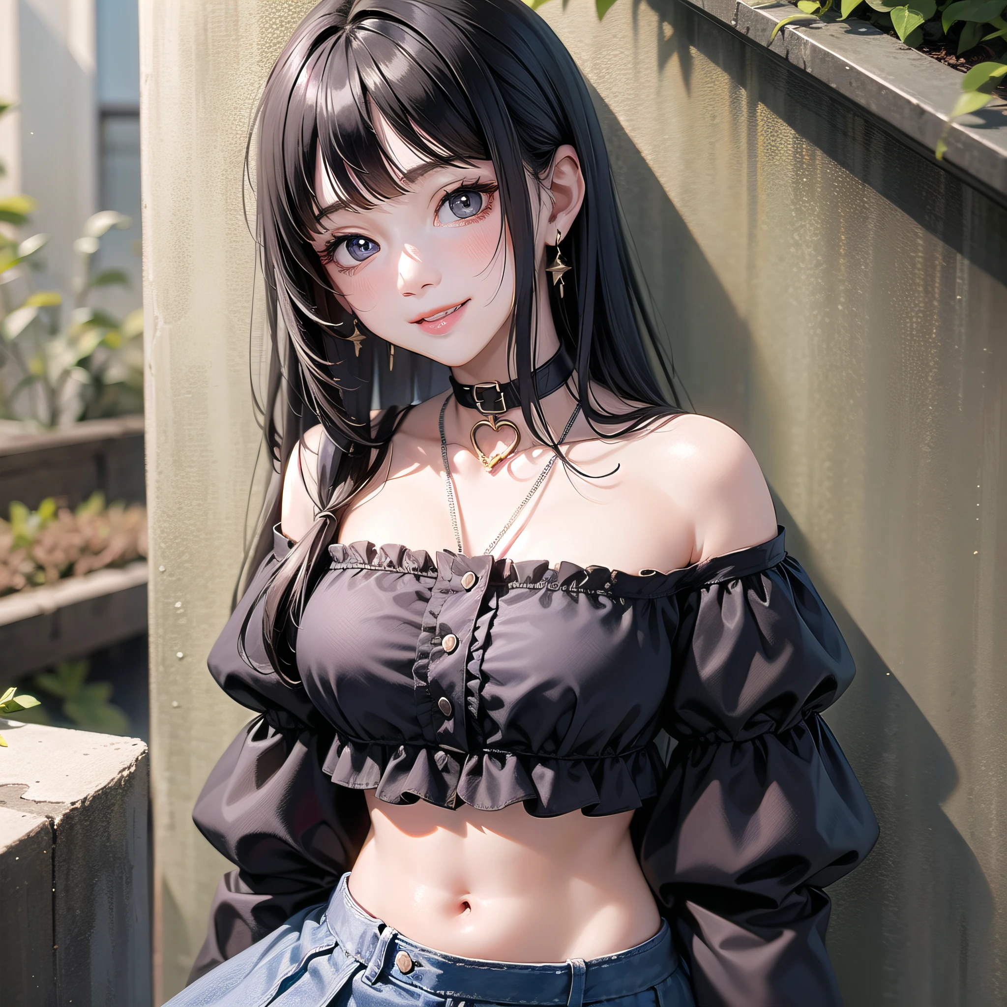 black shiny hair, kawaii,, 1 young girl, out door, shy and smileing, Look into this, off-shoulder, Midriff smock blouse with ruffles on the chest, A simple black choker with a stone around the neck, all body, 1080P, anatomically correct