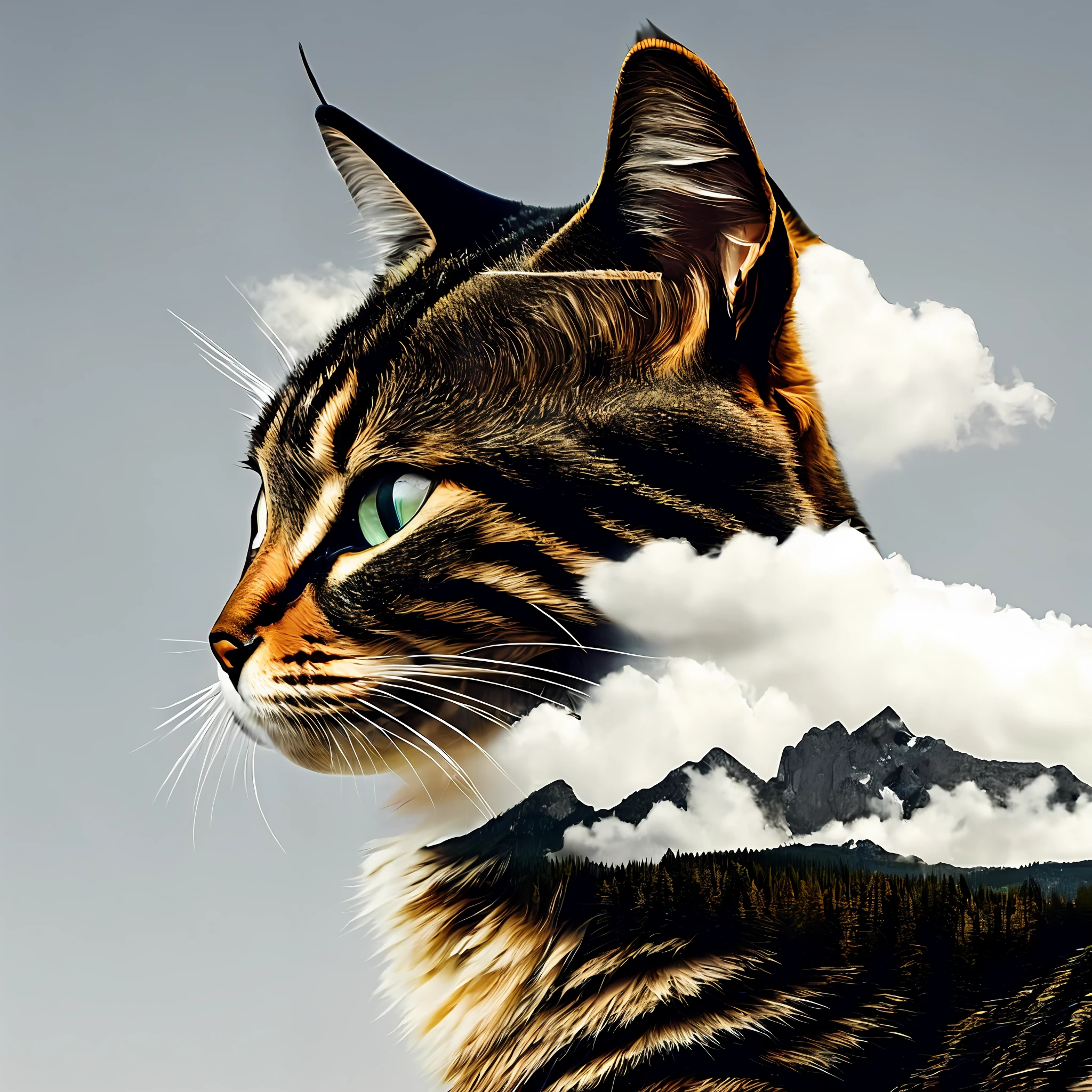 dblxp a profile close-up of a cat made out of forest, mountain and clouds, grey background