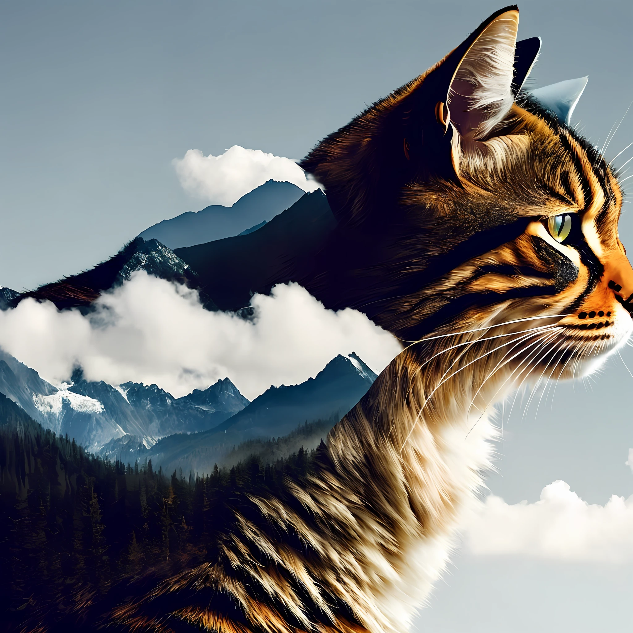 dblxp a profile close-up of a cat made out of forest, mountain and clouds, grey background