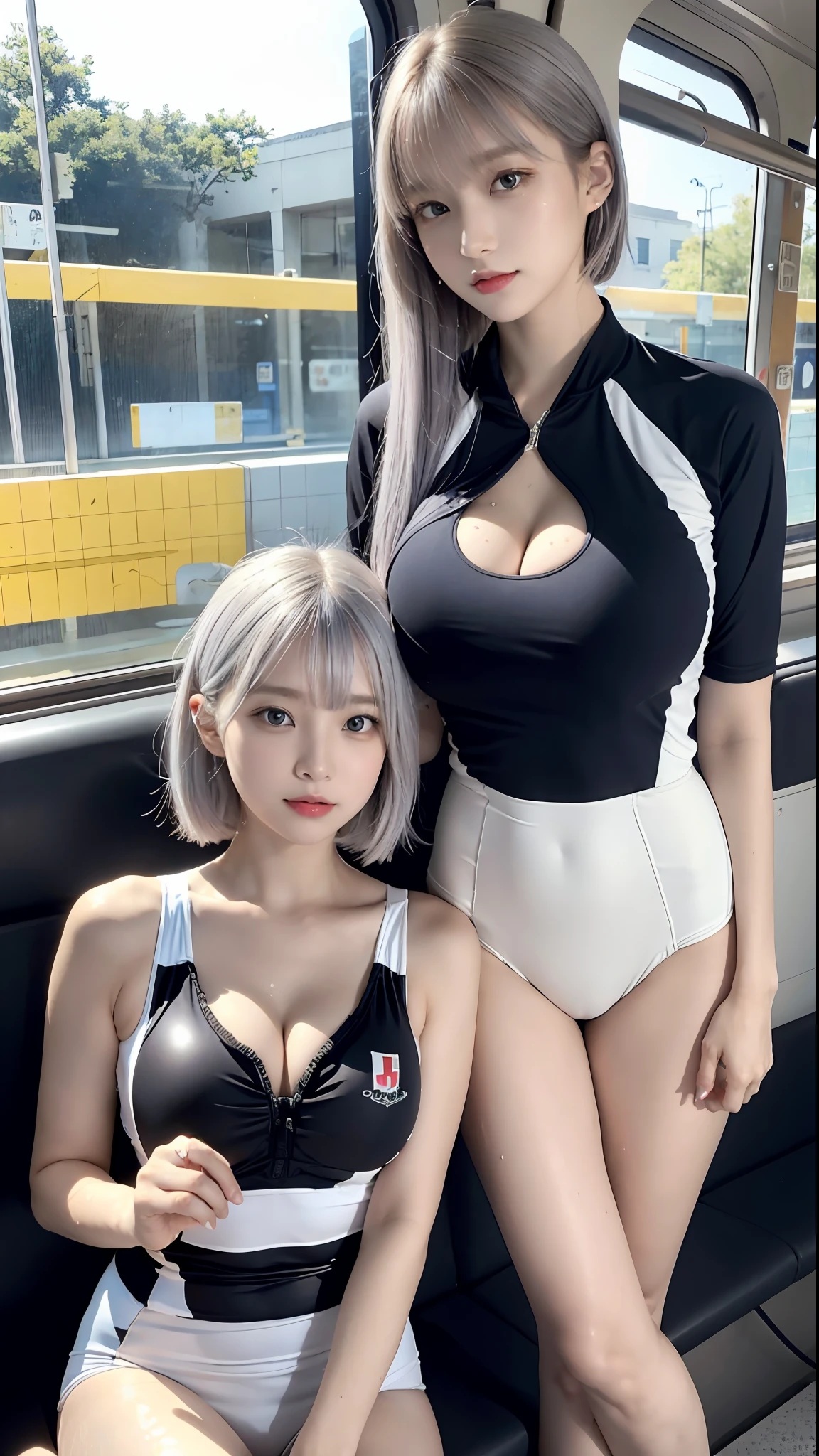 (2girls:1.1), sitting at seat, on the train, school uniform, a school bag, shirt,
(from below:1.2), 1girl looking over her shoulder,1 girl, beautiful Japan woman, thin wess, (butt sticking out: 1.2), fine face, short hair, (gigantic breasts, cleavage:1.2),(swimming race suit:1.3), (cameltoe),cute,kawaii, wet,from behind, backshot,, 1girl looking over her shoulder, beautiful vintage colors, Instagram (photorealistic, high resolution: 1.4), staring at the viewer, full body (8k, RAW photo, best quality, masterpiece: 1.2), (realistic, photorealistic): 1.37), (Sharp Focus: 1.2), Professional Lighting, Photon Mapping, Radiosity, Physically Based Rendering, (White Skin: 1.2), (Small: 1.2), Viewer Gaze, (Middle Hair: 1.5), Portrait, Purple Eye, (Silver Hair: 1.1), Bangs, (Simple Background: 1.4), Solo, Upper Body, Realistic, (Masterpiece: 1.4), (Best Quality: 1.4) , (glossy skin), fashion girl, makeup,