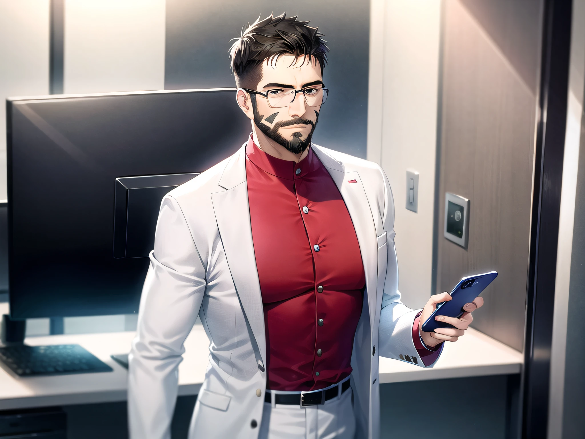 A man with short hair, a beard on his face, holding a cell phone to make a call, a white suit and a red shirt, standing in the office