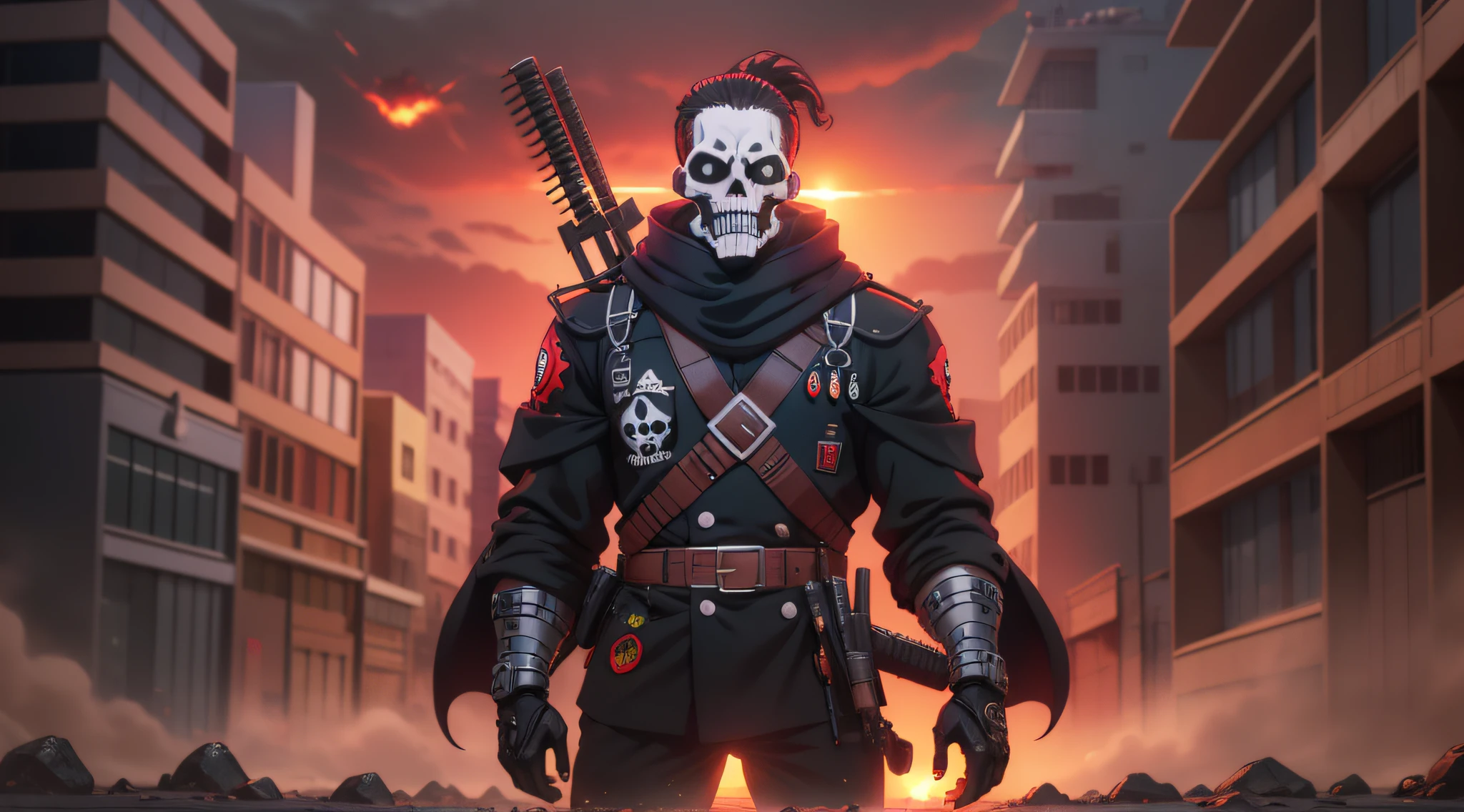 cartoon image of a man with a surgical type skull mask, 2d game avatar on upper body, with a skeleton army, scary rage pose, death stranding art style, inspired by Oka Yasutomo, masterpiece, high quality, ultra high res, 1man, man holding assault rifle, with black robe, Detail face, uniform of the Brazilian army explosion, energy, outdoors, city, landscape in the background of war, with a reddish sunset.