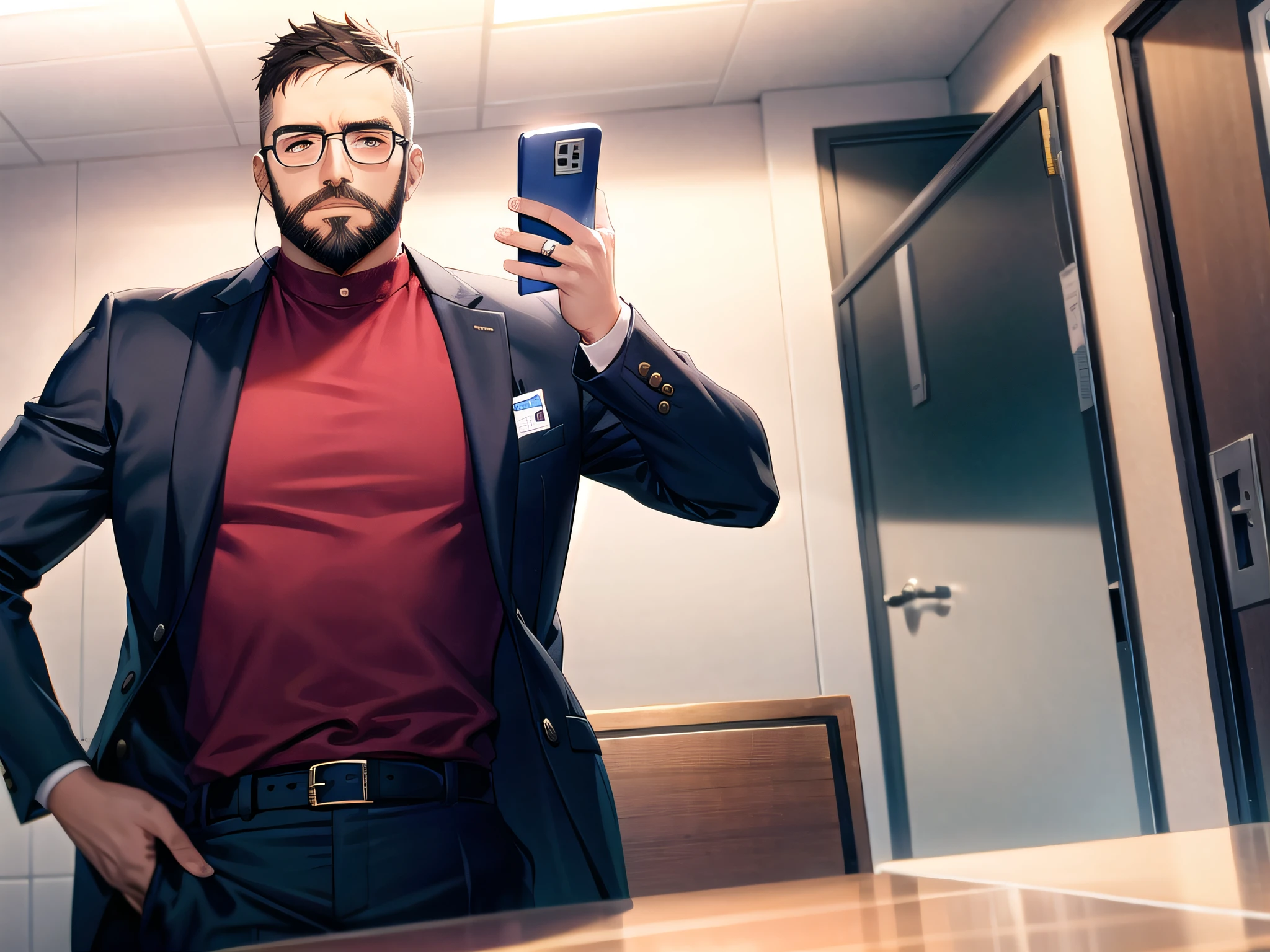 A man with short hair, a beard on his face, holding a cell phone to make a call, a white suit and a red shirt, standing in the office