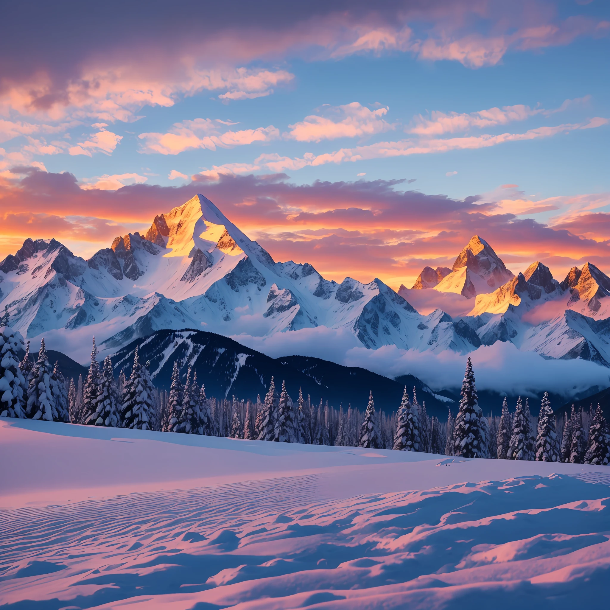 Sunset, snow-capped mountains, towering --auto --s2