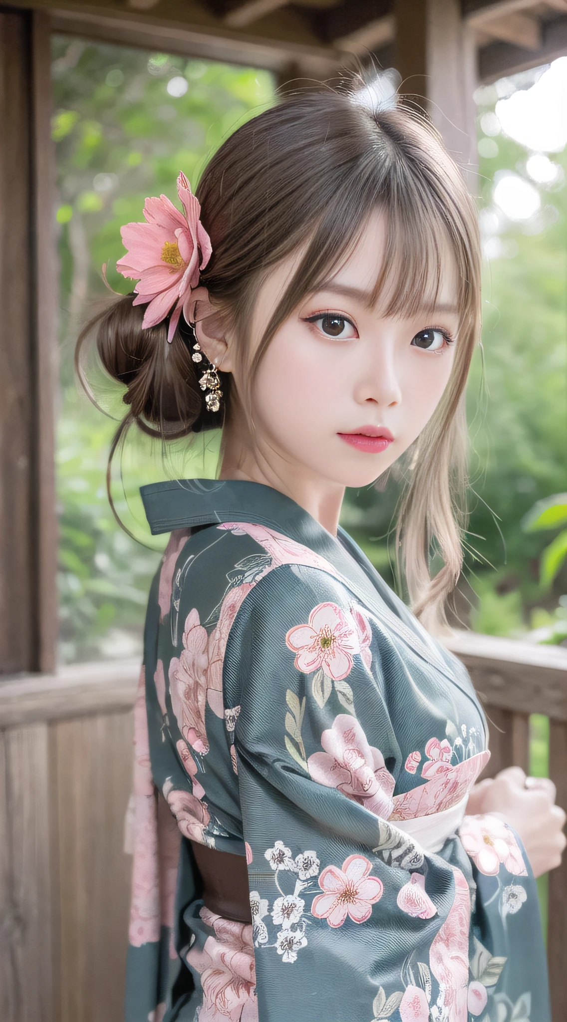 1girl, solo, outdoor, cute japanese model girl, kimono, floral print, hair ornament, looking at viewer, hair flower, brown eyes, bangs, masterpiece, best quality, realistic