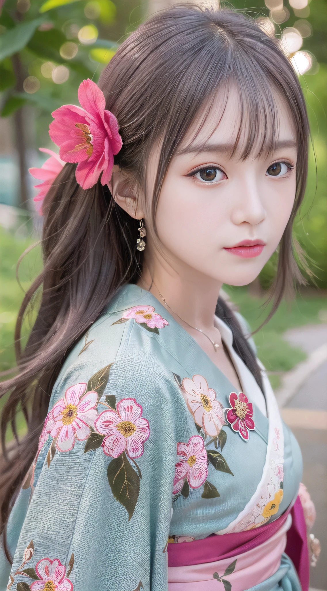 1girl, solo, outdoor, cute japanese model girl, kimono, floral print, hair ornament, looking at viewer, hair flower, brown eyes, bangs, masterpiece, best quality, realistic