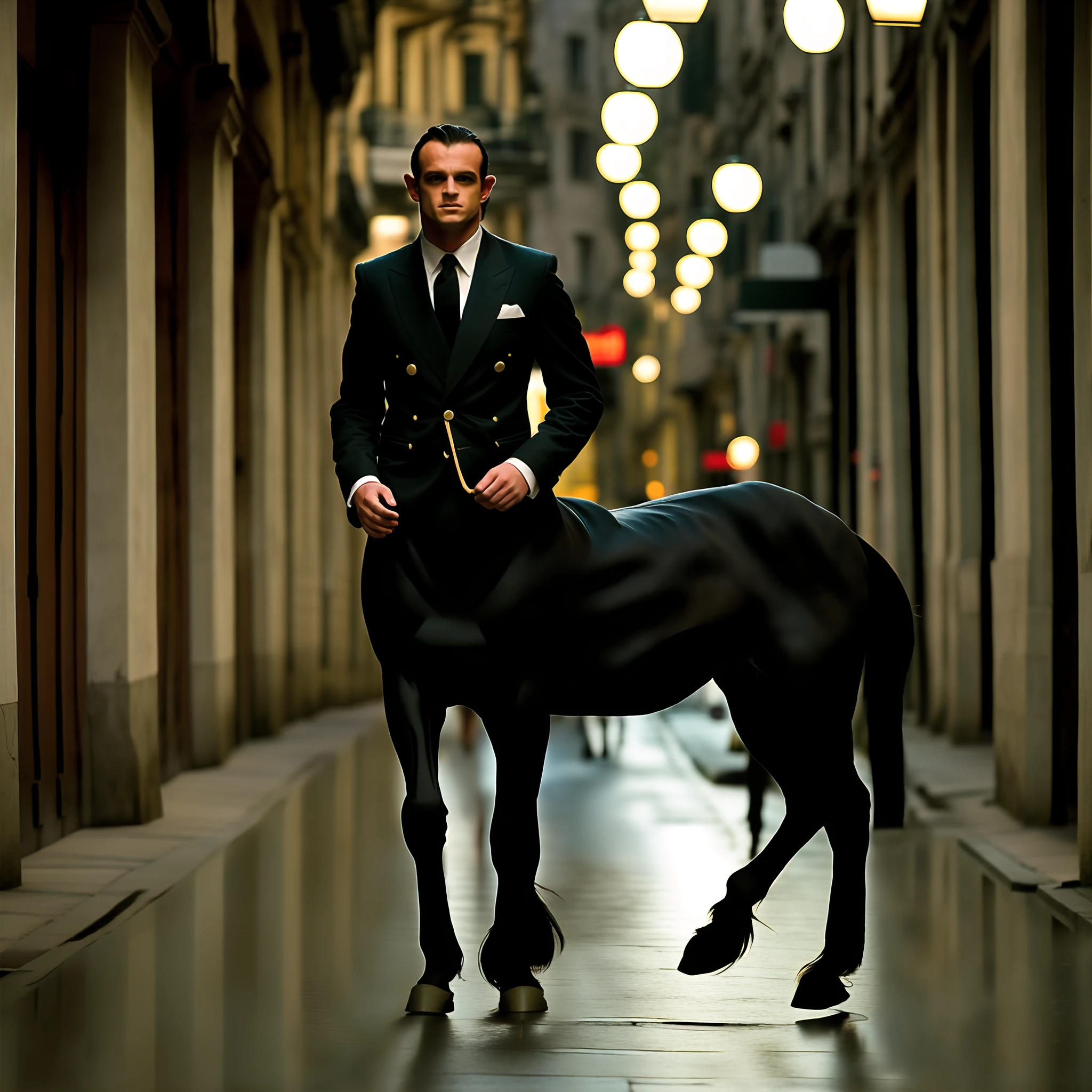 RAW photo, centaur man, business suit, strolls through the streets of an Italian city in the style of film noir (high detailed skin), 8k uhd, dslr, soft lighting, high quality, film grain, Fujifilm XT3