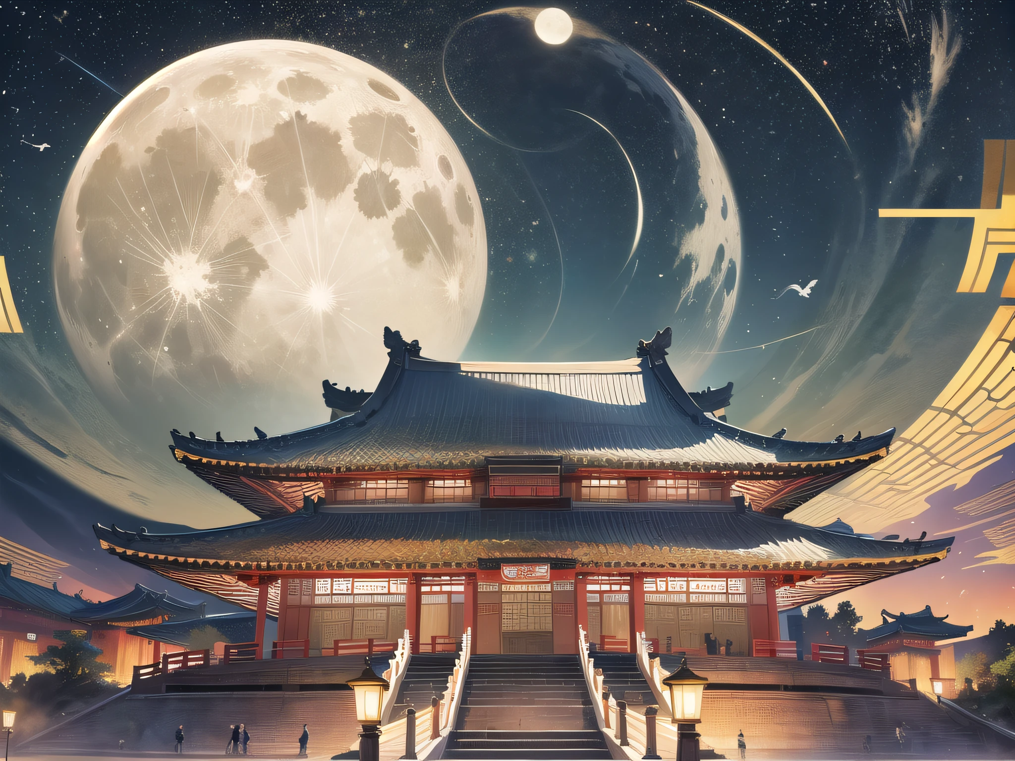 Masterpiece, Superb Night, Full Moon, In the Sky, Modern Projection, Chinese Style, Ancient China, Ancient Architecture, Palace, Bird Olive Diagram