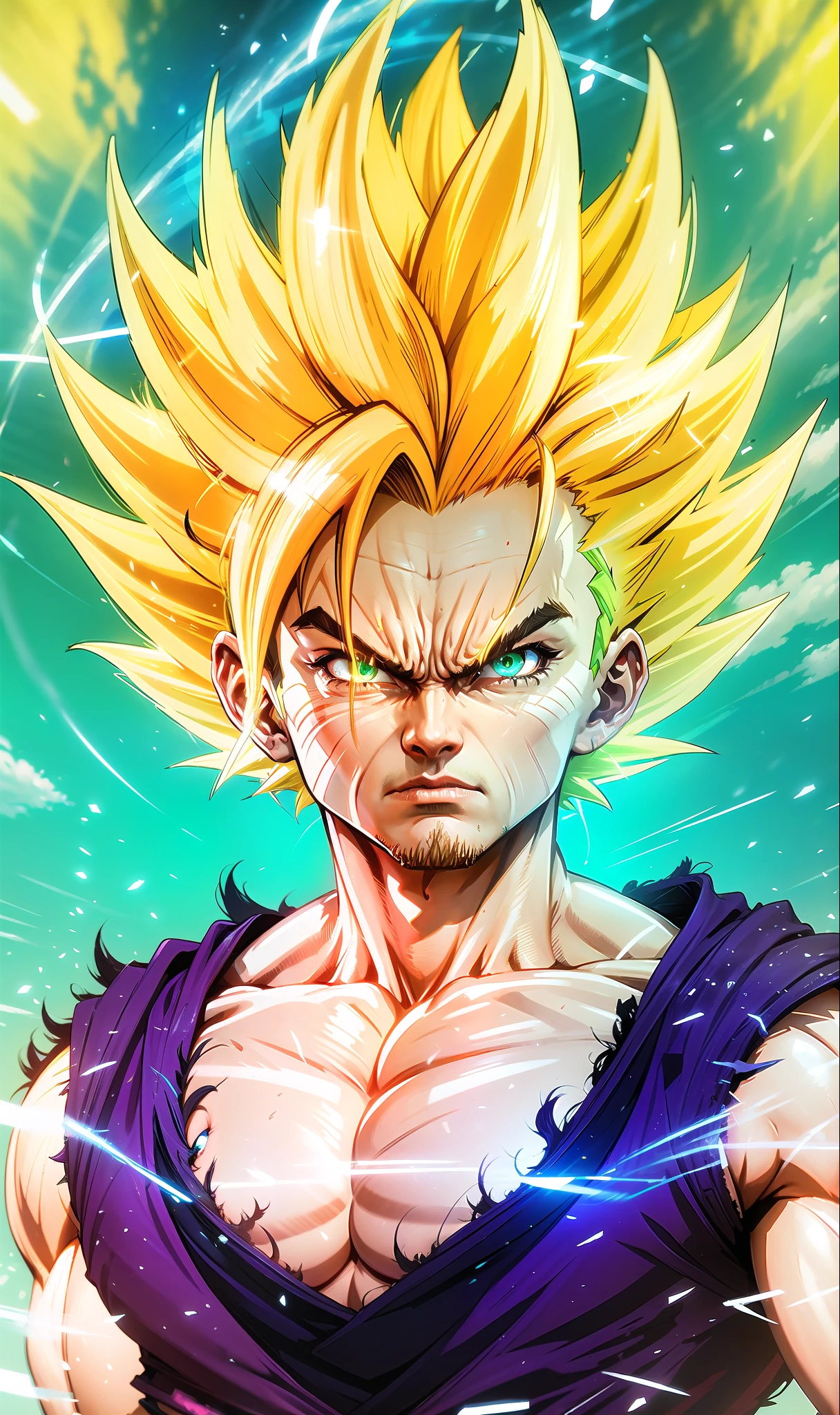 Gohan super saiyan, neon green eyes, neon golden hair, neon blue light rays, angry expression looking at the viewer, muscles, unreal engine 5, 8k.