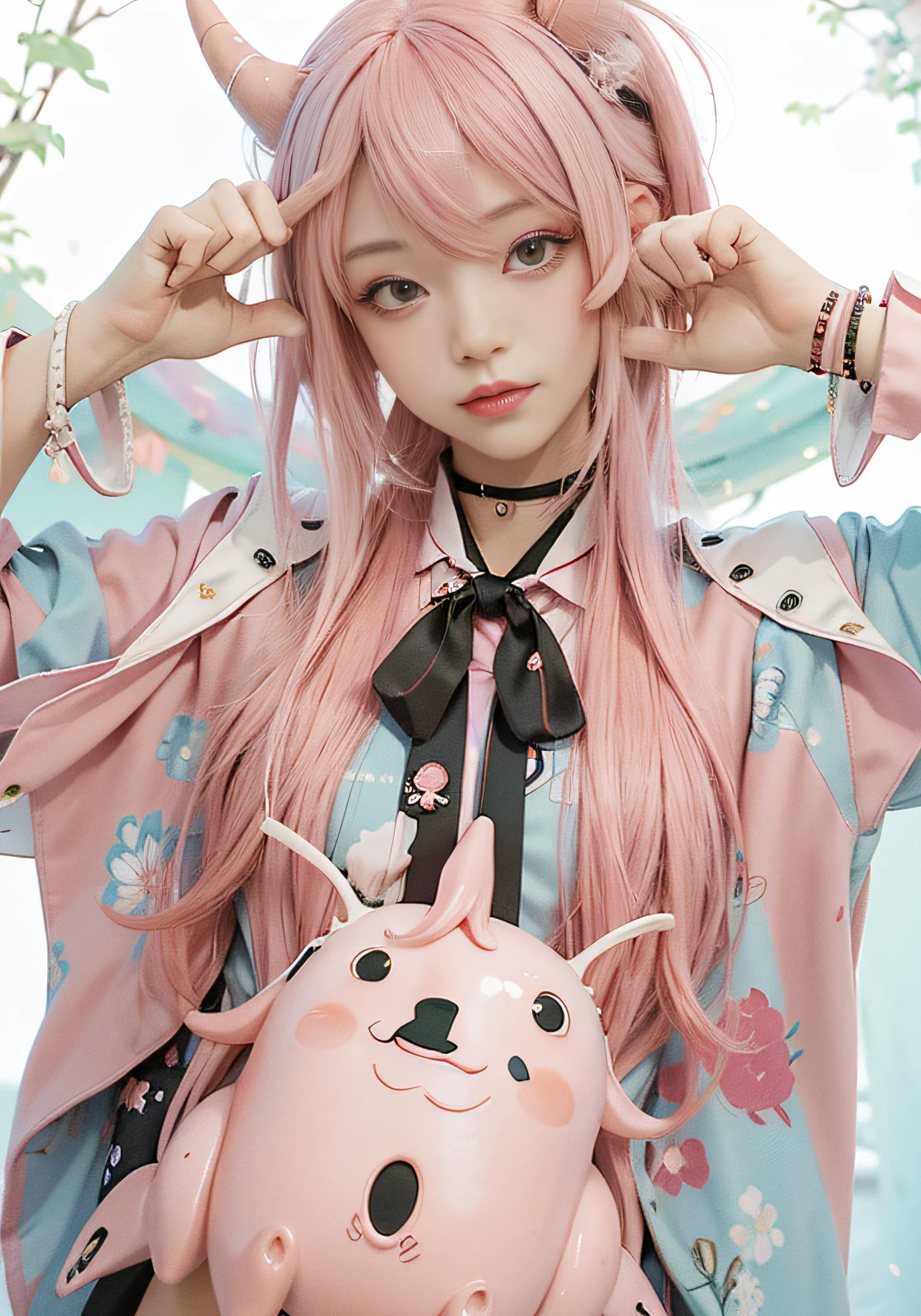 anime girl with pink hair and horns holding her hands up, a pastel by Shitao, pixiv, shin hanga, haruno sakura, with pink hair, with index finger, madoka kaname, [[[[grinning evily]]]], humanoid pink female squid girl, sakura haruno, happy!!!, nobutaka ike