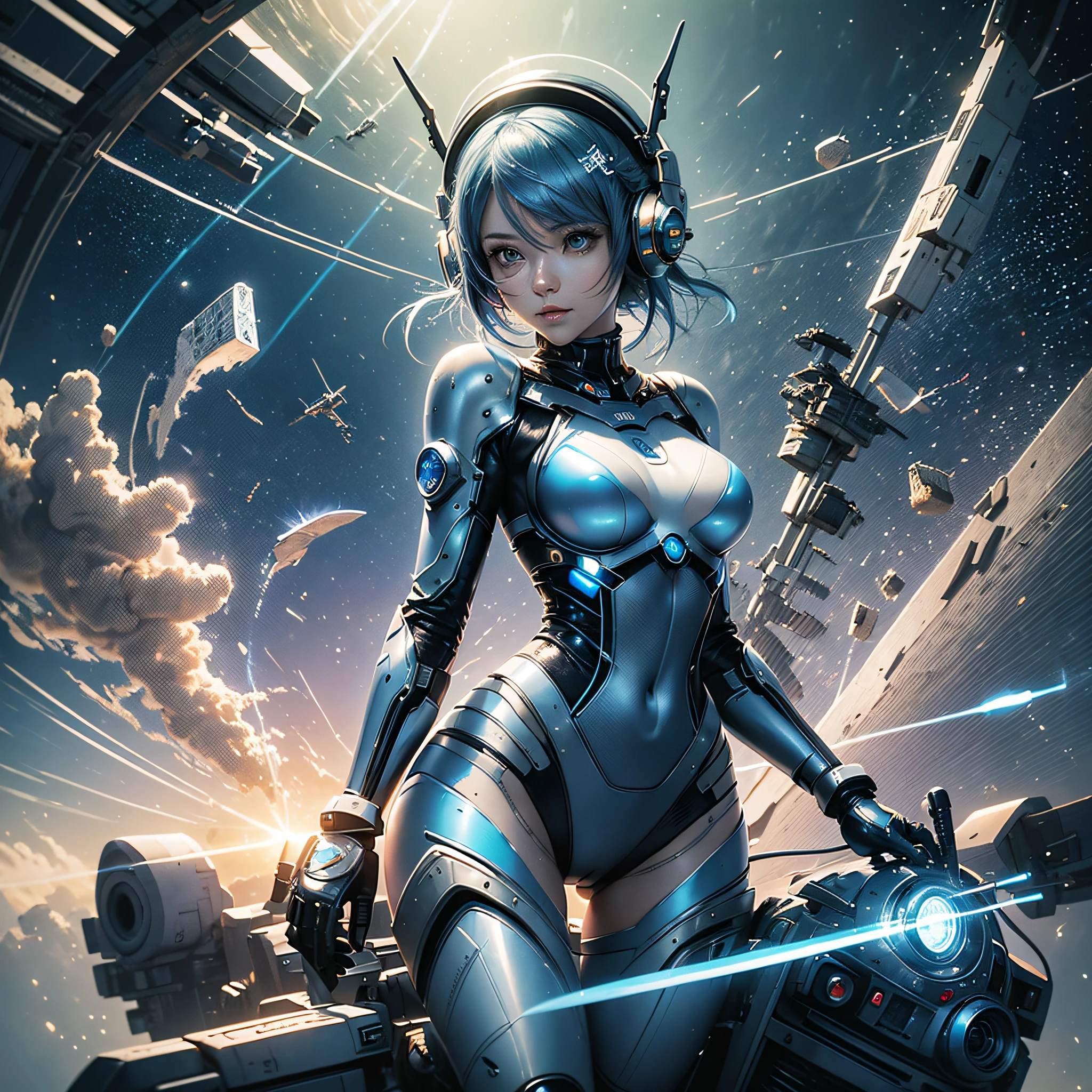 Full body, blue hair, blunt van, masterpiece, top quality, official art, album art, very elaborate CG Unity 8K wallpaper, lone girl, Japan girl, full body, super high resolution, (photorealistic: 1.4), dynamic angle, dynamic pose, mystical power, floating particles, reflection, so cute, sparkling blue color eyes, golden hour lighting, Pilot suit in white and blue and black colors, tight fitting clothes, full-body covering clothes, knee boots, (puffy eyes), viewer looking, front-facing, beauty, medium breasts, shirt lift, metal wire, slim body, arm-length gloves, anime heroine, gentle smile, headset, helmet, detailed robot cockpit, super futuristic space