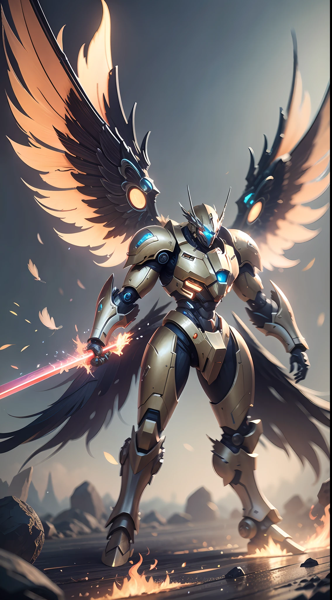 Huge mecha, golden, blue glowing eyes, complex mechanical armor, holding glowing red flame sword, flame sword particle effects, particle light, battle posture display, metal textured wings on the back, wings are feather-like, wings are layered, outdoor shot, background is a huge Chinese LONG, realistic Chinese LONG, the scene is grand, surreal, cinematic quality, panorama, Octane rendering, stereoscopic, volumetric light, realistic style, 3D, epic composition, 8K, ultra-fine picture, lots of detail