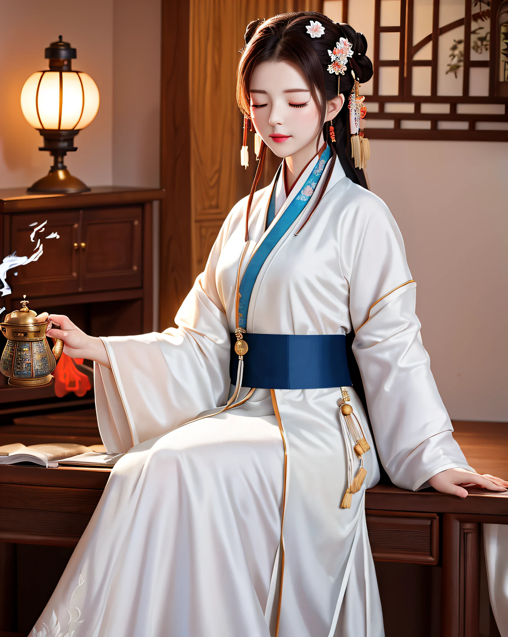 Excellent, masterpiece, high resolution, 1 woman, beauty, Hanfu, white robe, indoors, tea, incense burner, bookcase, oil lamp, warm light, closed eyes