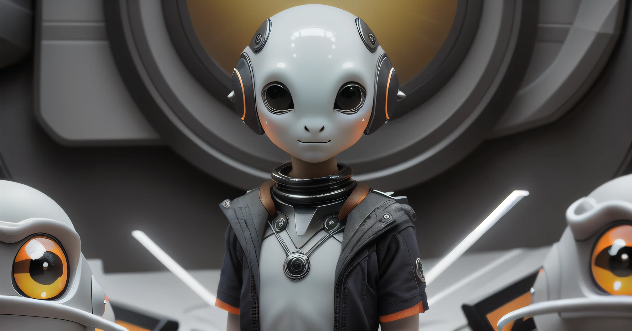 An alien, with albino and realistic skin, large head, short and thin neck, very large eyes and all black, which reflects the local lighting, a nose similar to that of humans but small, a mouth similar to that of humans but small and it is noticeable a slight smile on his lips, the body is thin,  the alien wears a white fulfilled sleeve T-shirt with a letter made of small silver that appears to the right represented inside a triangle of the same size, small and hard breasts, the alien appears completely naked full body , it is possible to see his reproductive organs, it is possible to notice a silver necklace hanging from his neck,  with a triangular pinjente with an eye that sees everything in the center as a symbol. the alien is in a recording studio whose scenery is minimalist and features a gray background in gradient hue to circular white, the camera captures the image from the waist up, the alien presents friendly and light expressions, the alien interact with the camera always with a slight smile of satisfaction and tranquility,  The skin used and all the elements are of extreme realism, especially the skins, the lighting is an illumination inspired by the 80s.