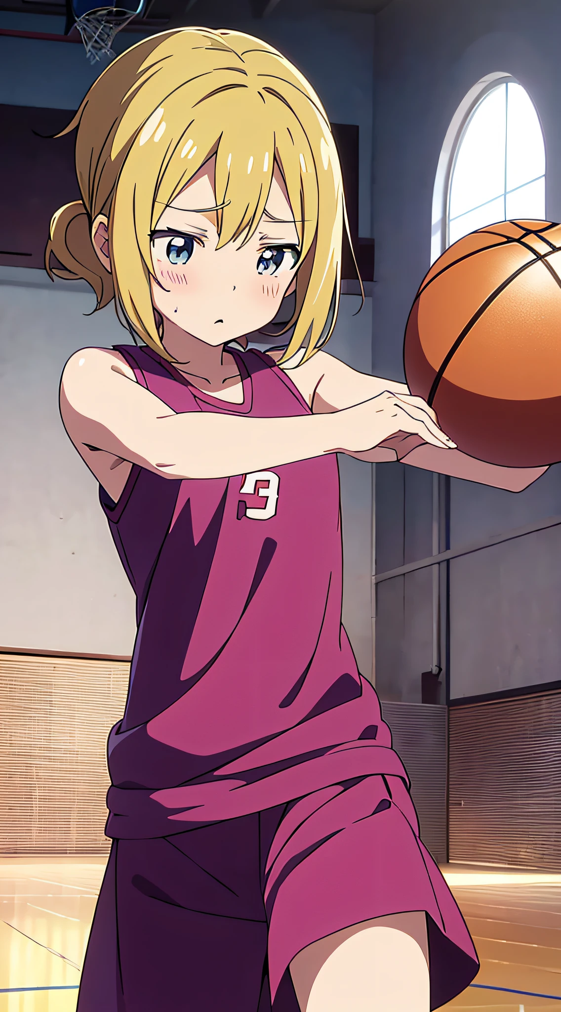 (Best Quality, Anime, Anime Art Style, Anime Screen Cap: 1.5), Yuyushiki, Girl, 13 years old, Sweat, Playing Basketball, Different Angles, Different Movements, Looking Away,