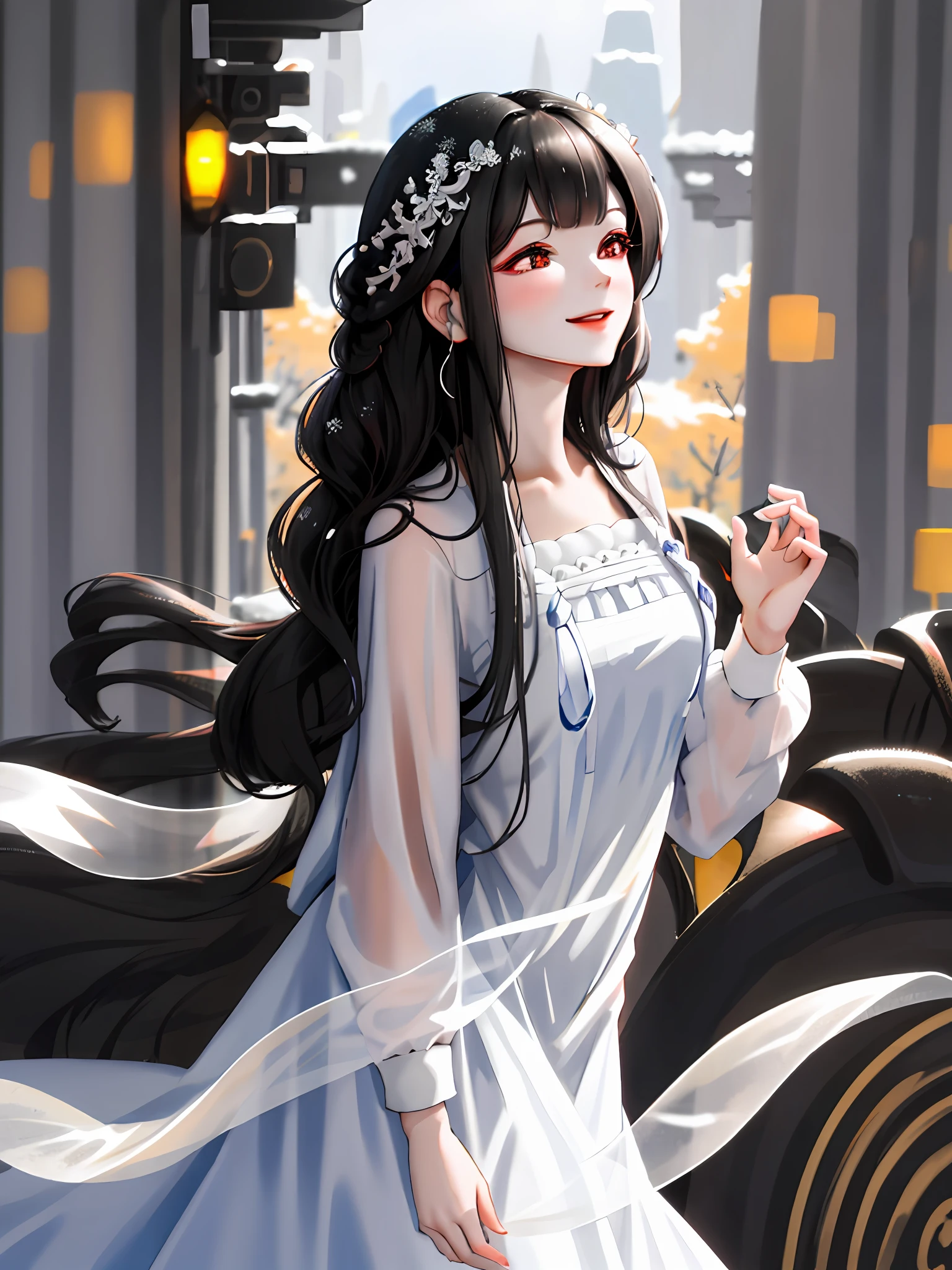 A beautiful mature woman, wearing a beautiful dress, upper body, long black hair, (smile: 1.1), (eyes open: 0.2), strong light, background bokeh, depth of field, snow-white skin, blurred background, light particles, strong wind, (heart particles: 1.1), complete body structure,